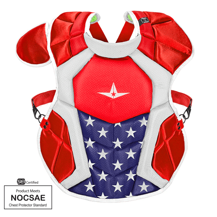 All-Star S7 Axis USA chest protector featuring red and blue star design, meets NOCSAE standards for youth players.
