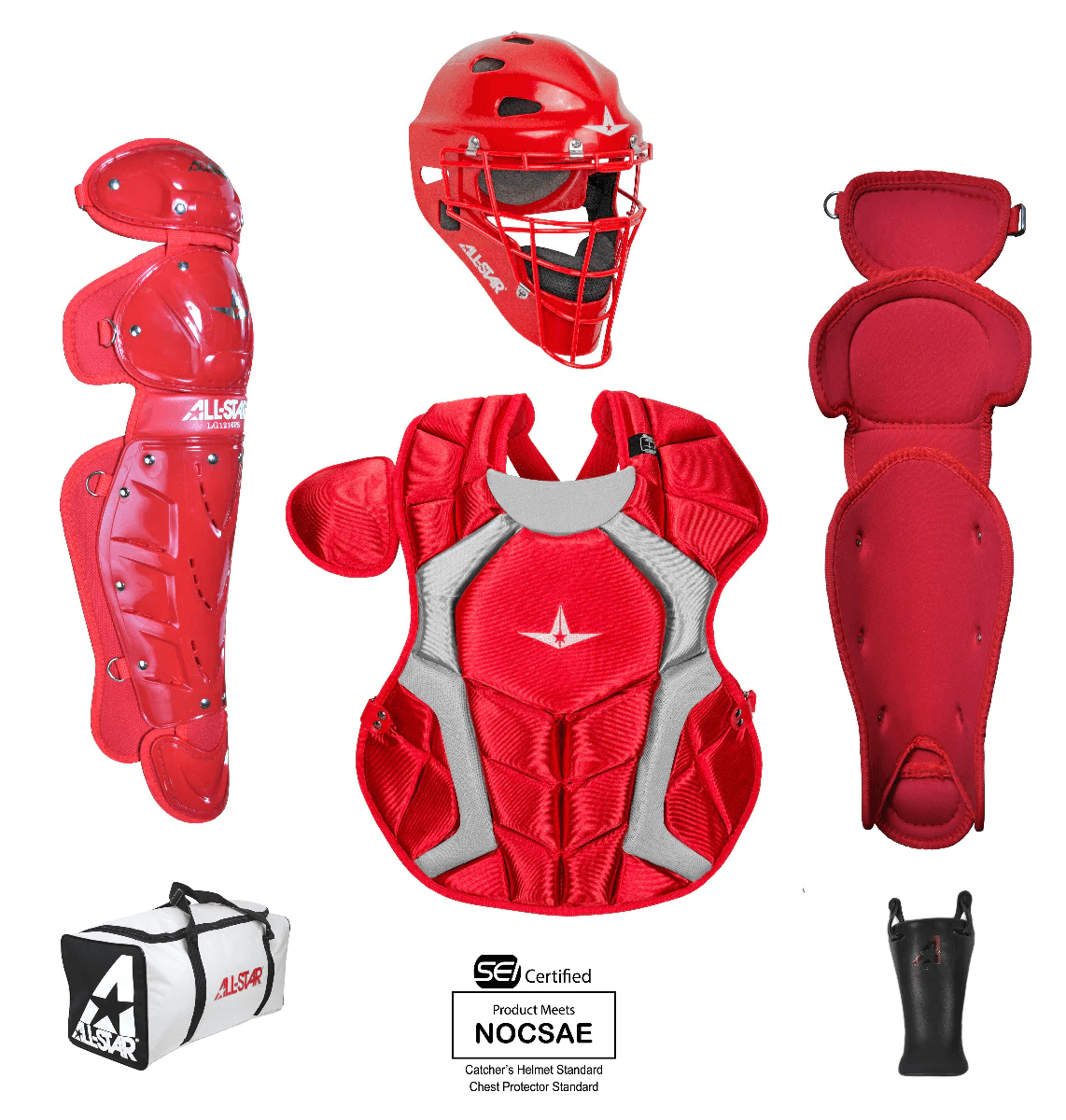 All-Star Player's Series Catching Kit for Ages 12-16, includes mask, chest protector, leg guards, throat guard, and bag.