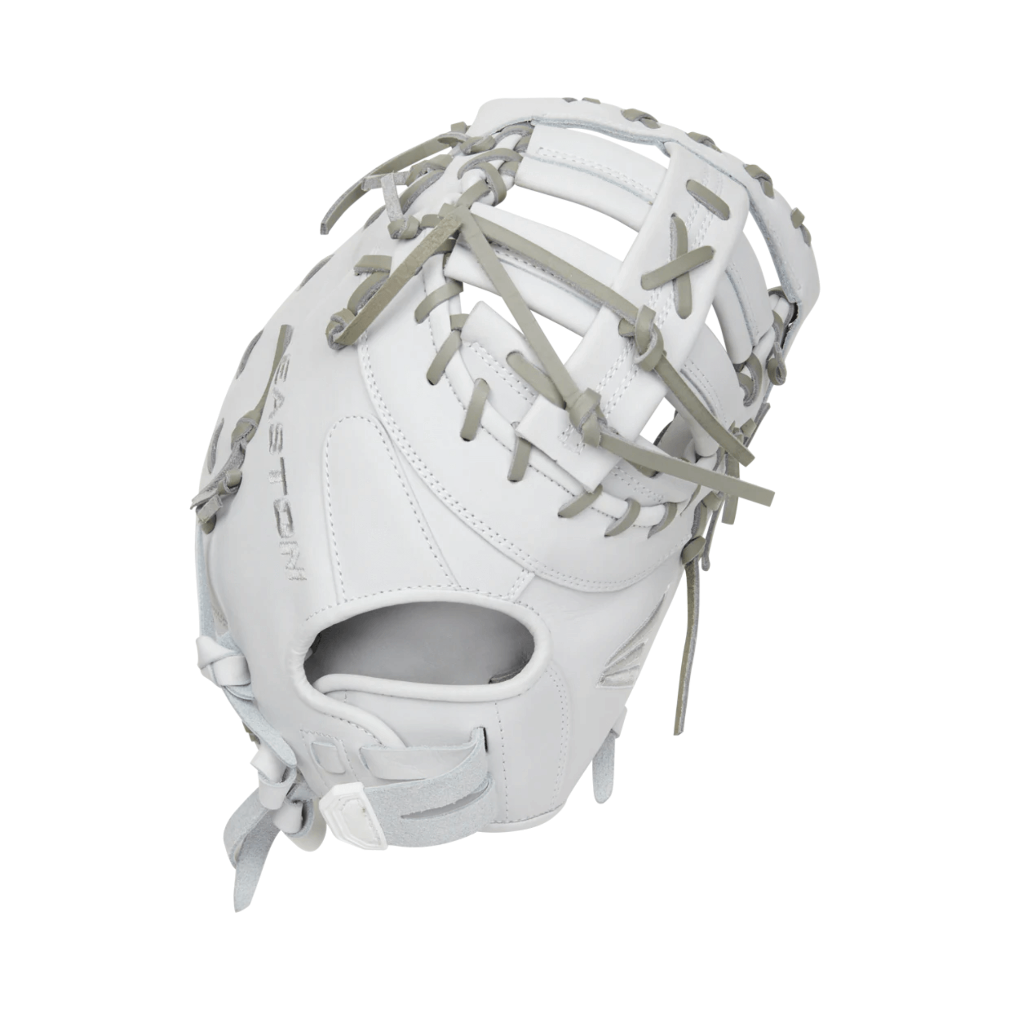 Easton Pro Collection first base mitt softball glove in white leather, featuring Quantum Closure System for secure fit.