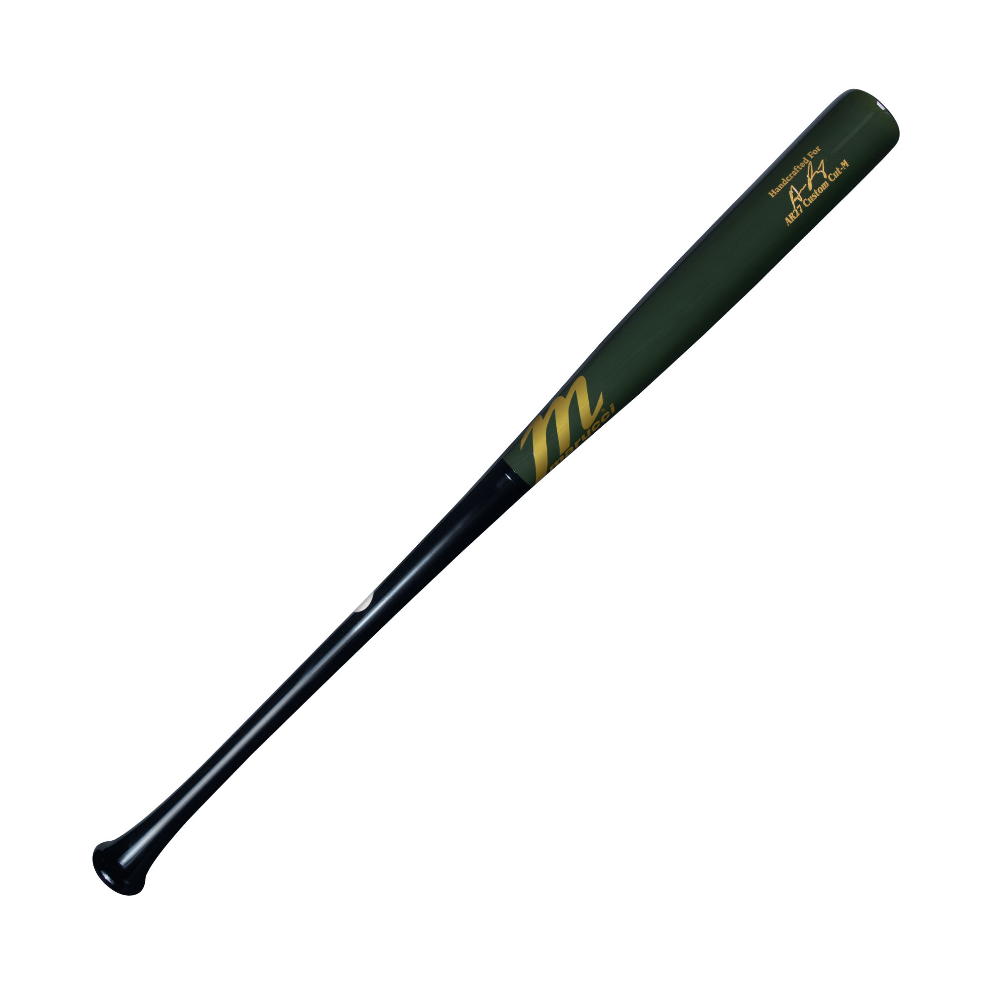 Marucci Riley27 Pro Exclusive bat in black and swamp green with tapered knob and medium handle.
