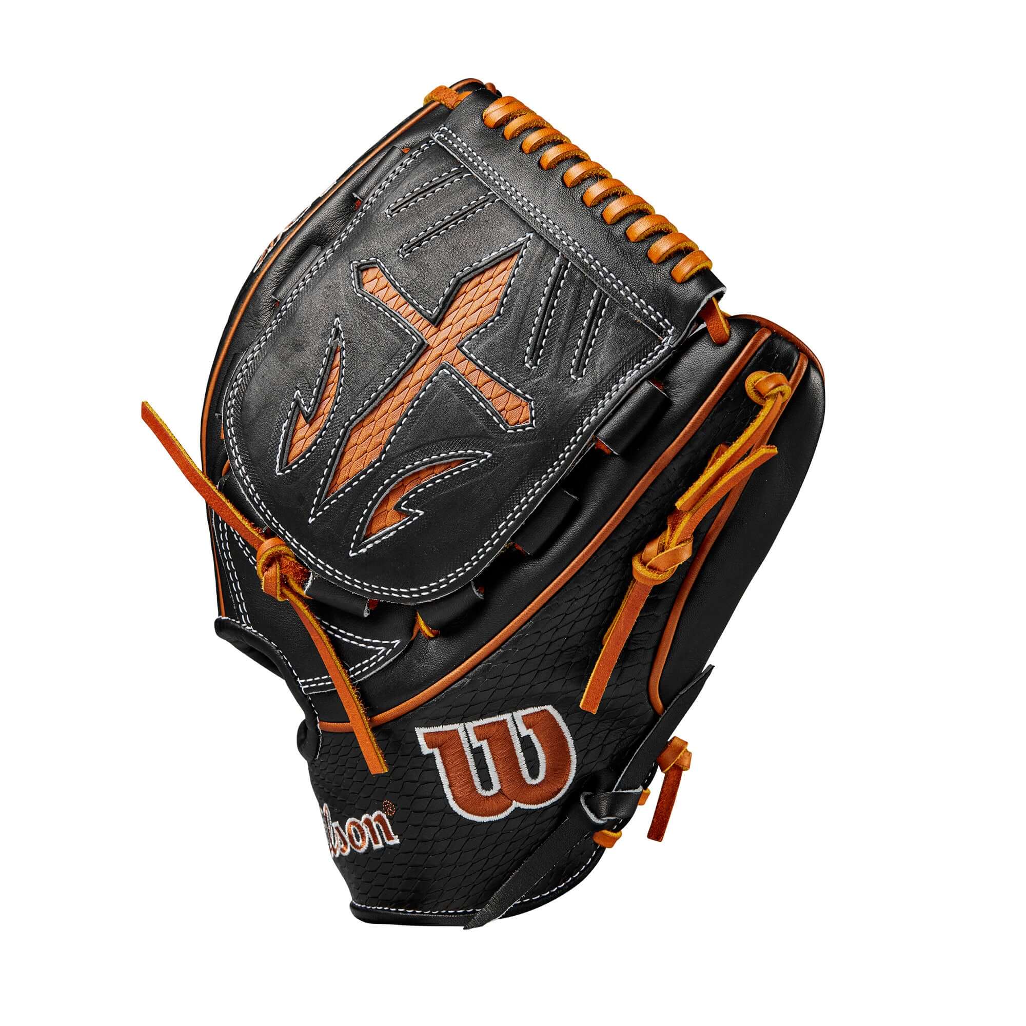 Wilson A2K B23 12" pitcher's baseball glove in black, saddle, and tan with modified wrist strap and wider pinky stall.