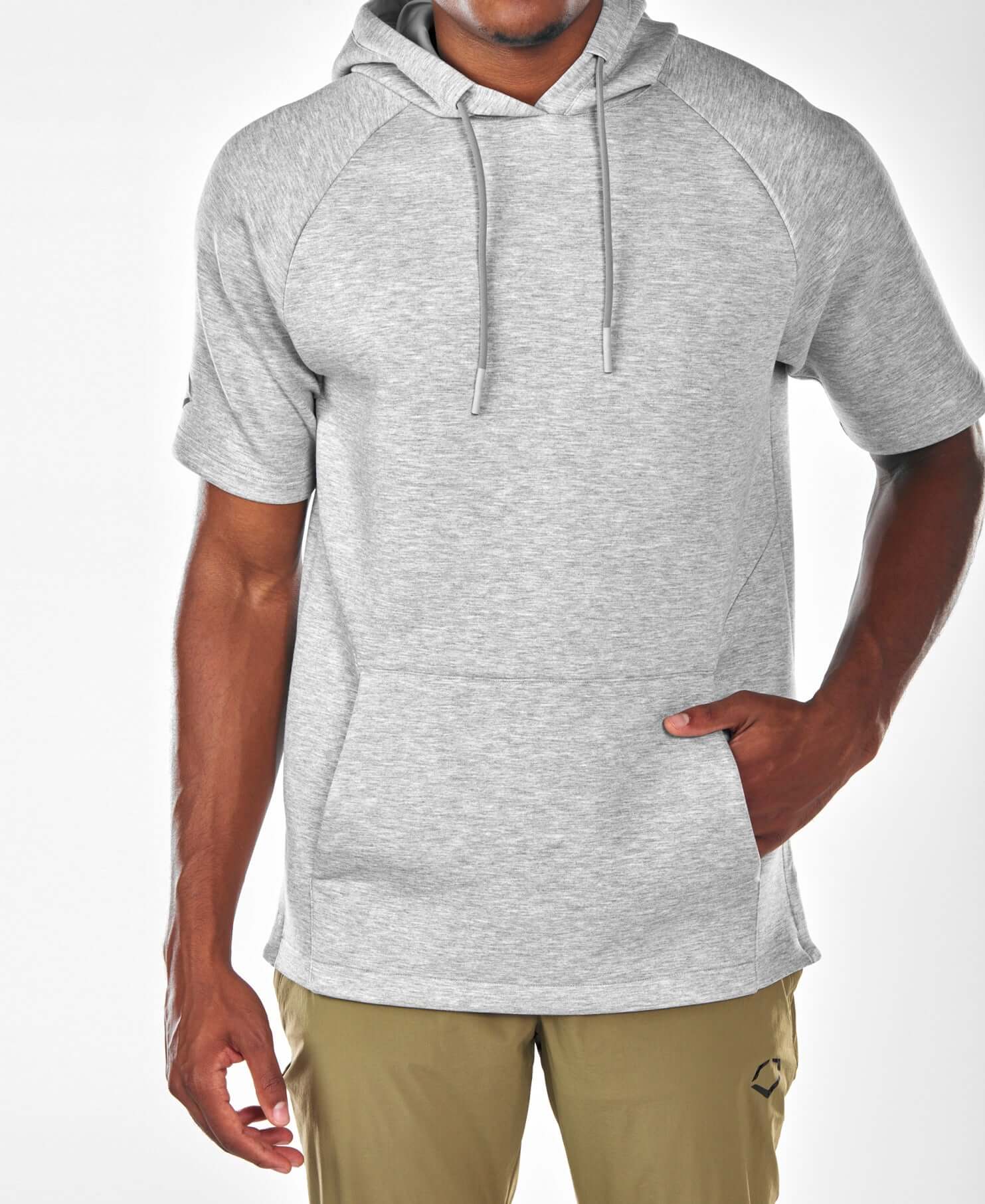 Evoshield Men's Pro Team Short Sleeve Hoodie 2.0 in Heather Grey, offering comfort and mobility for workouts and relaxation.