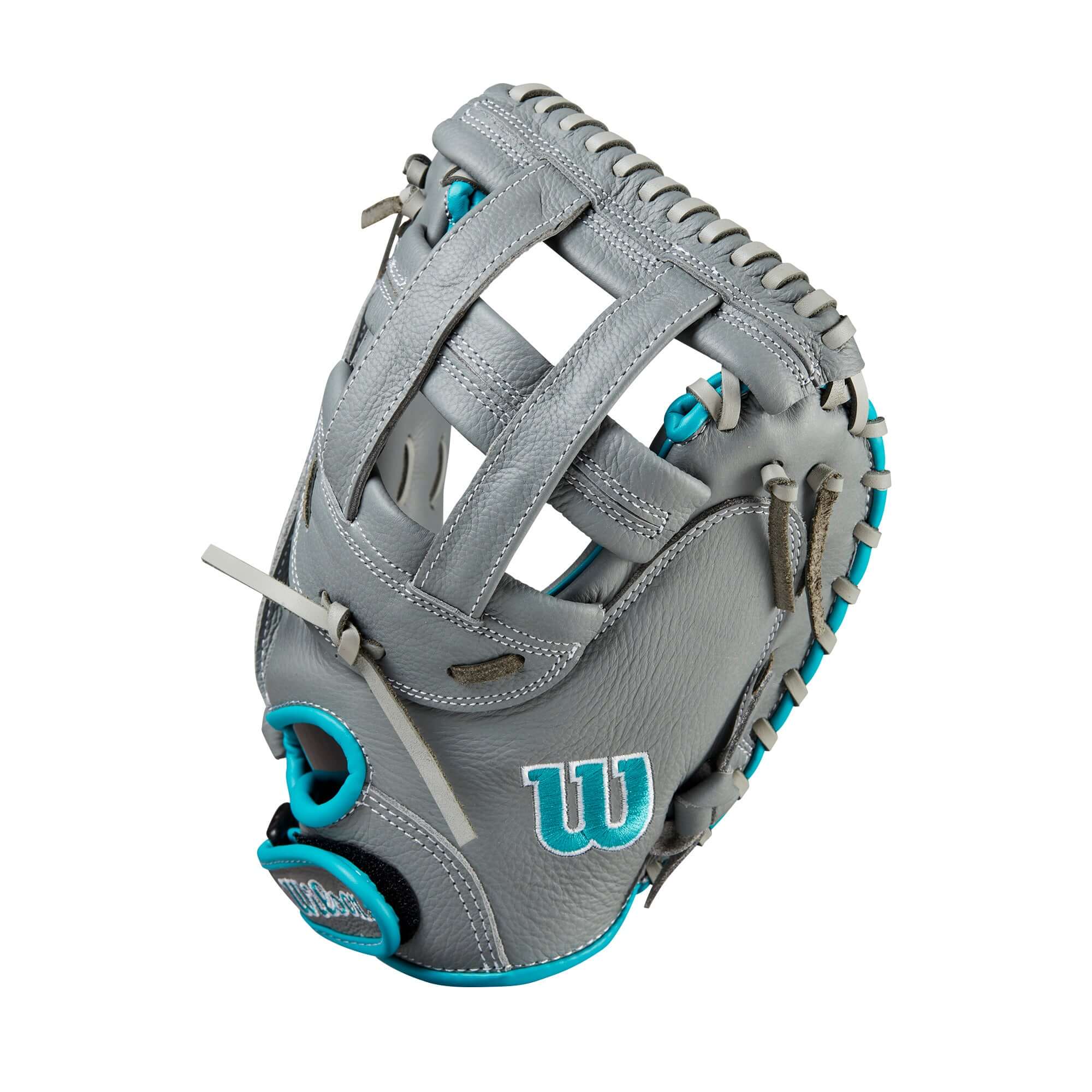 Wilson 2024 A500 Siren 32" Catcher's Mitt in Grey, Teal, and White with Dual Post Web design for youth fastpitch softball.
