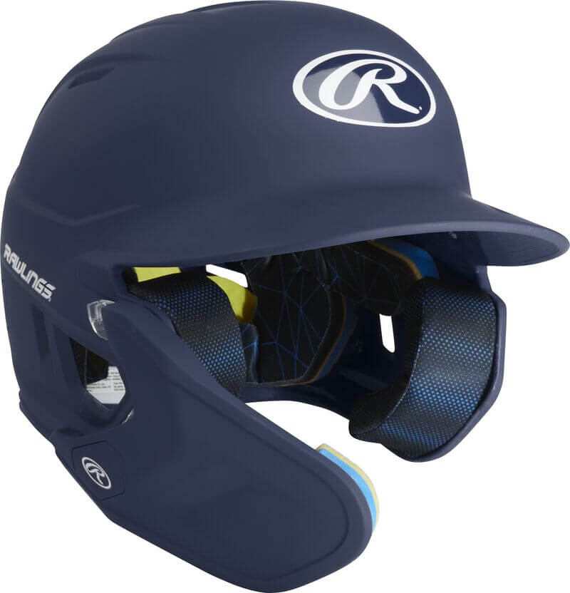 Rawlings Mach Adjust left handed batting helmet in navy, featuring adjustable fit for enhanced performance and visibility.