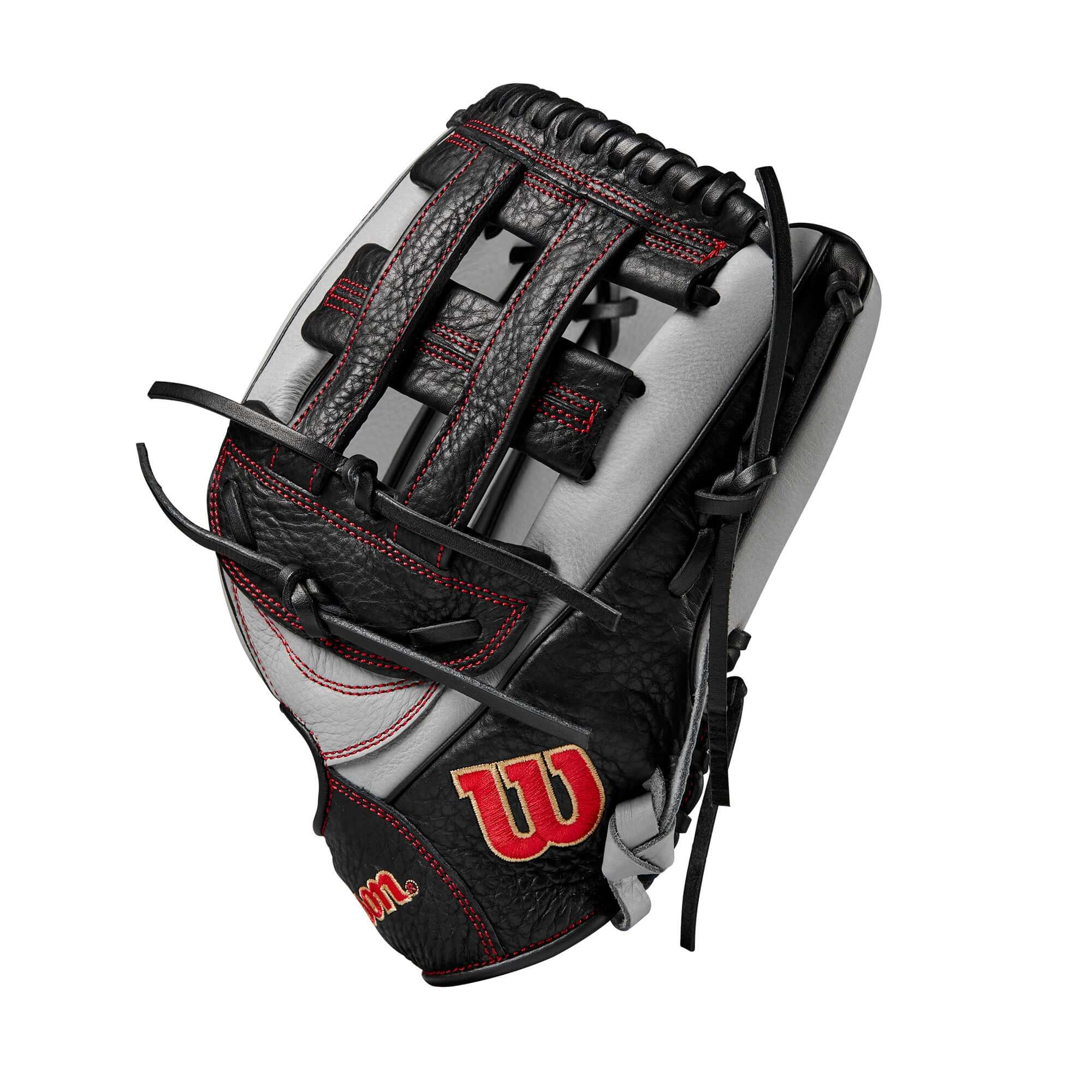 Wilson 2024 A1000 1750 Outfield Baseball Glove in Silver, Black, and Red, 12.5" with Dual Post Web design.