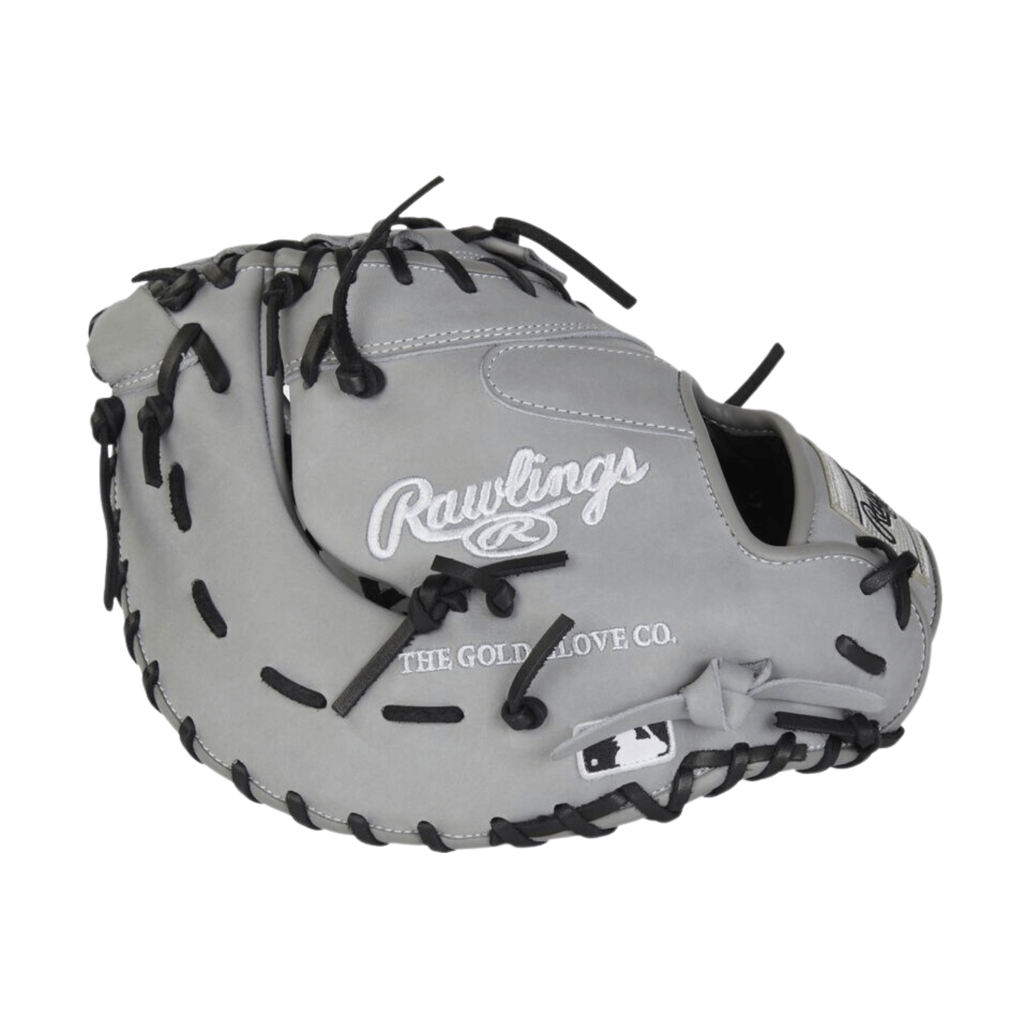 Rawlings Heart of the Hide 12.25" first base mitt in gray with black lacing and logo, showcasing premium baseball glove design.