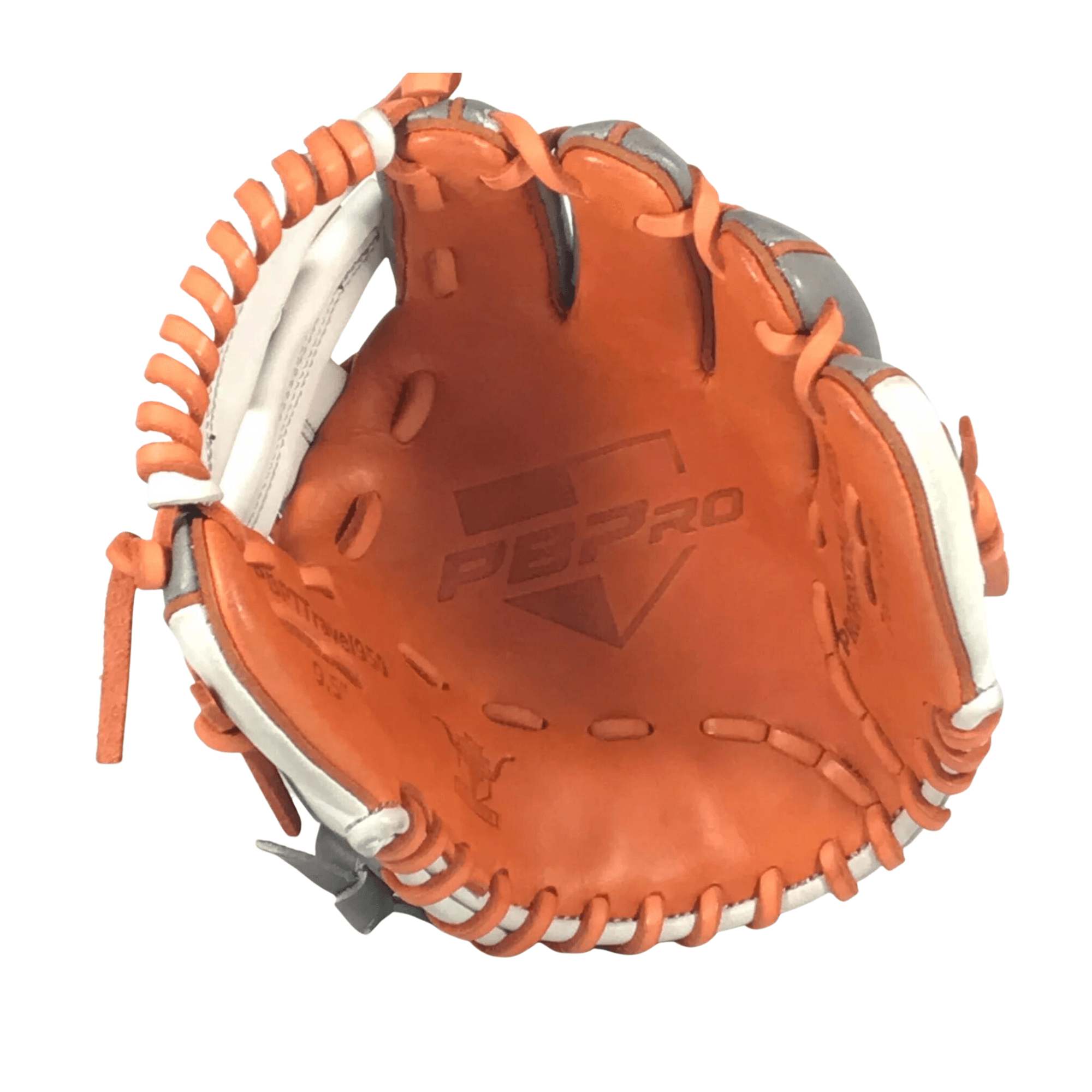 Inside view of PBPRO Dirt Bro Trainer Glove, showcasing BarnStormer leather and "I" Web style lacing design.