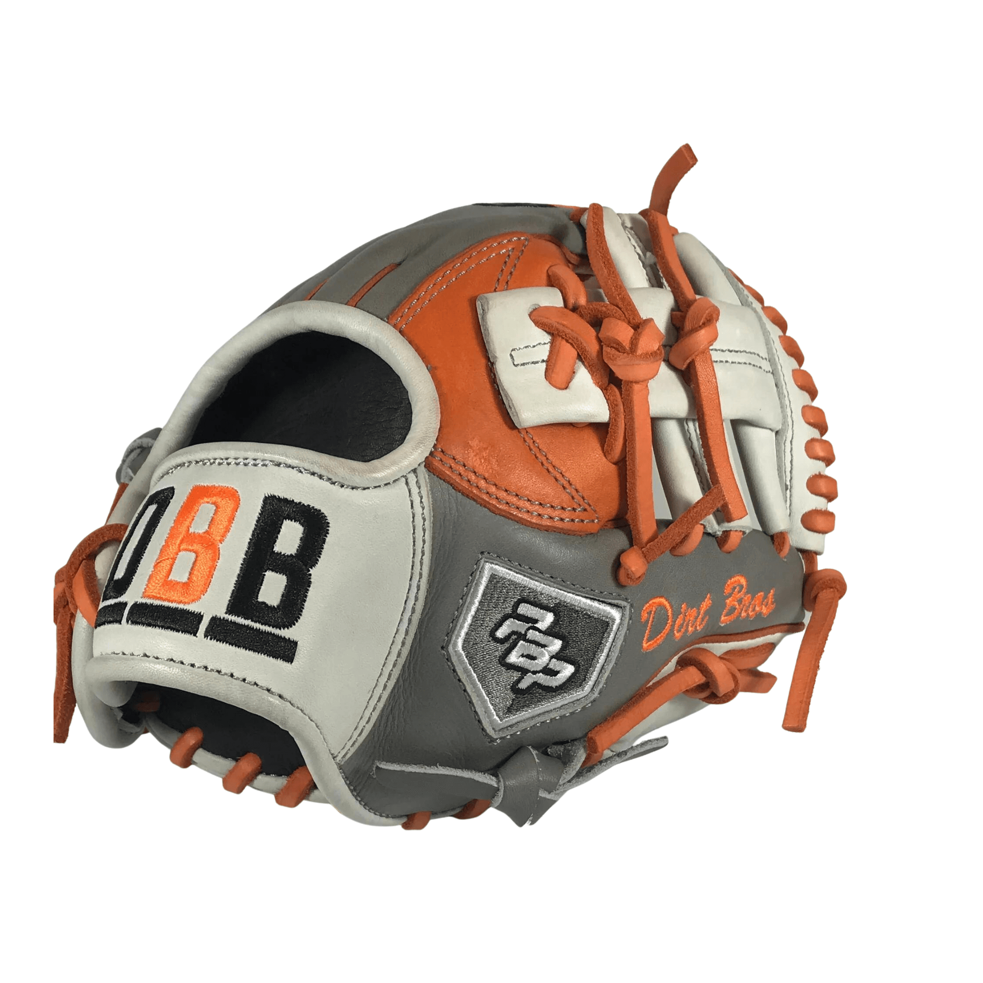 PBPRO Dirt Bros 9.5" infield trainer glove in gray and orange with "I" Web style and leather lacing.