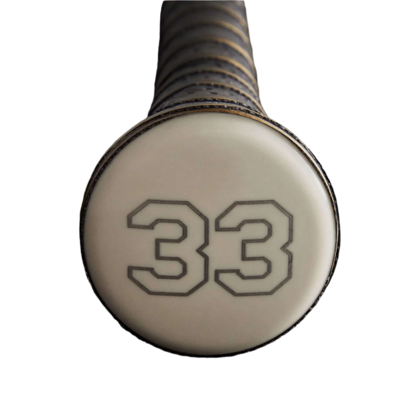 Bottom view of a baseball bat showing the number 33 on the knob, highlighting the bat's grip and design.