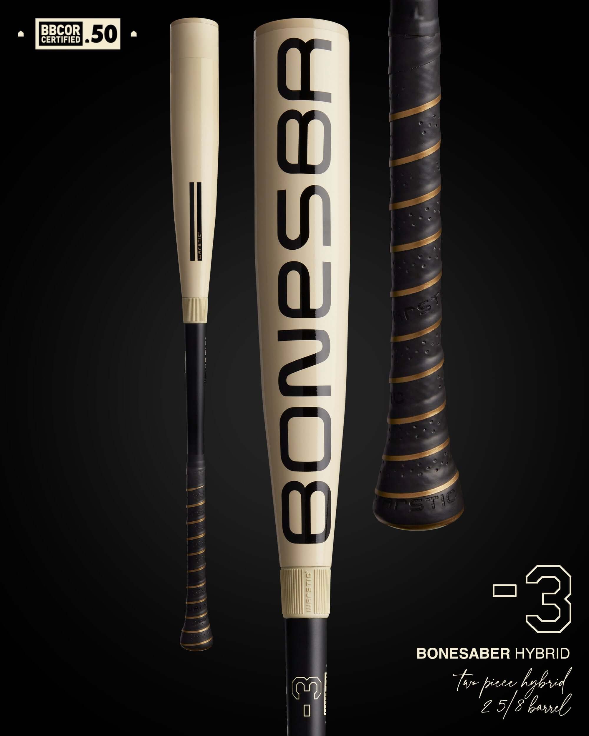 Warstic Bonesaber Hybrid BBCOR Baseball Bat with a 2 5/8 inch barrel and two-piece design for optimal performance.