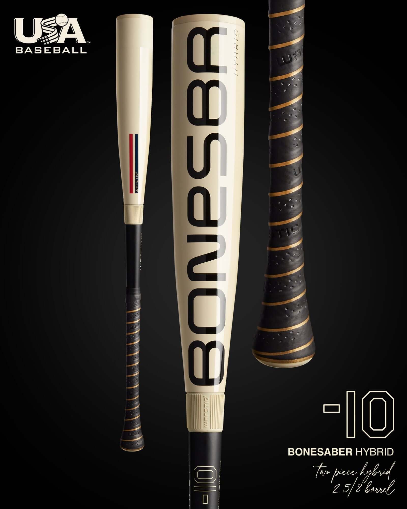 Warstic 2025 Bonesaber Hybrid USA Metal Baseball Bat -10, featuring sleek design and innovative technology for optimal performance.
