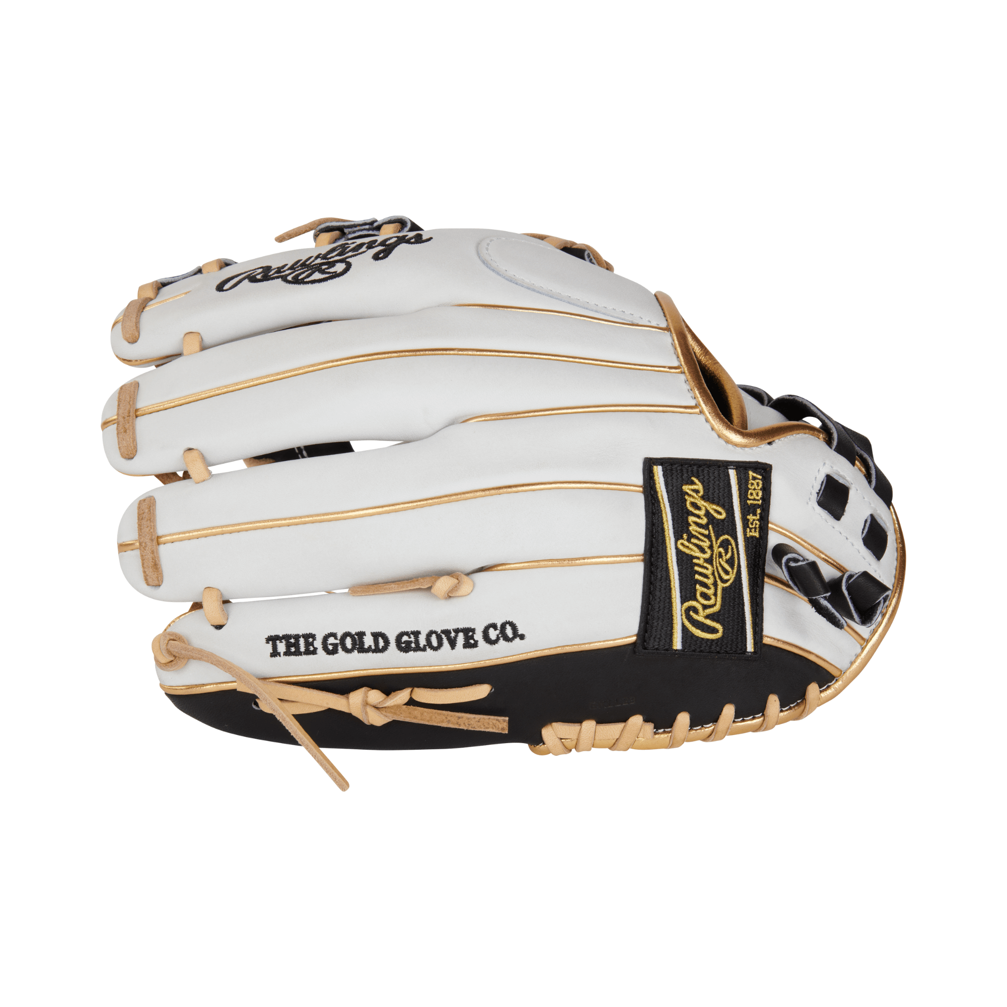 Rawlings Heart of the Hide Series 12" RHT softball glove featuring a white-black design with gold accents.