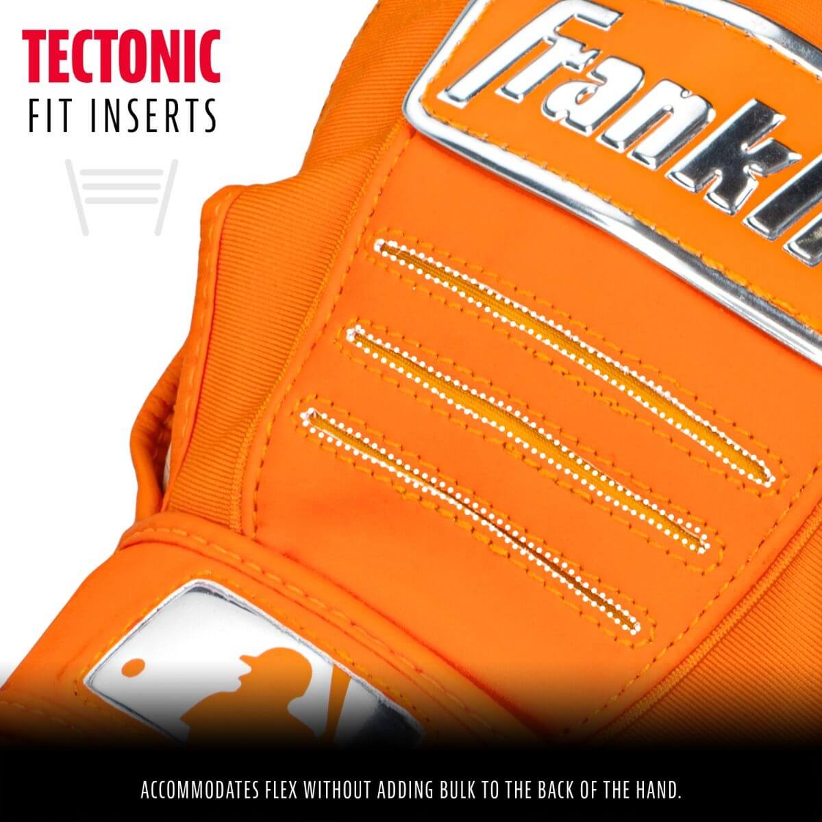 Close-up of Franklin MLB CFX Pro batting glove showcasing orange color and tectonic fit inserts for enhanced flexibility.