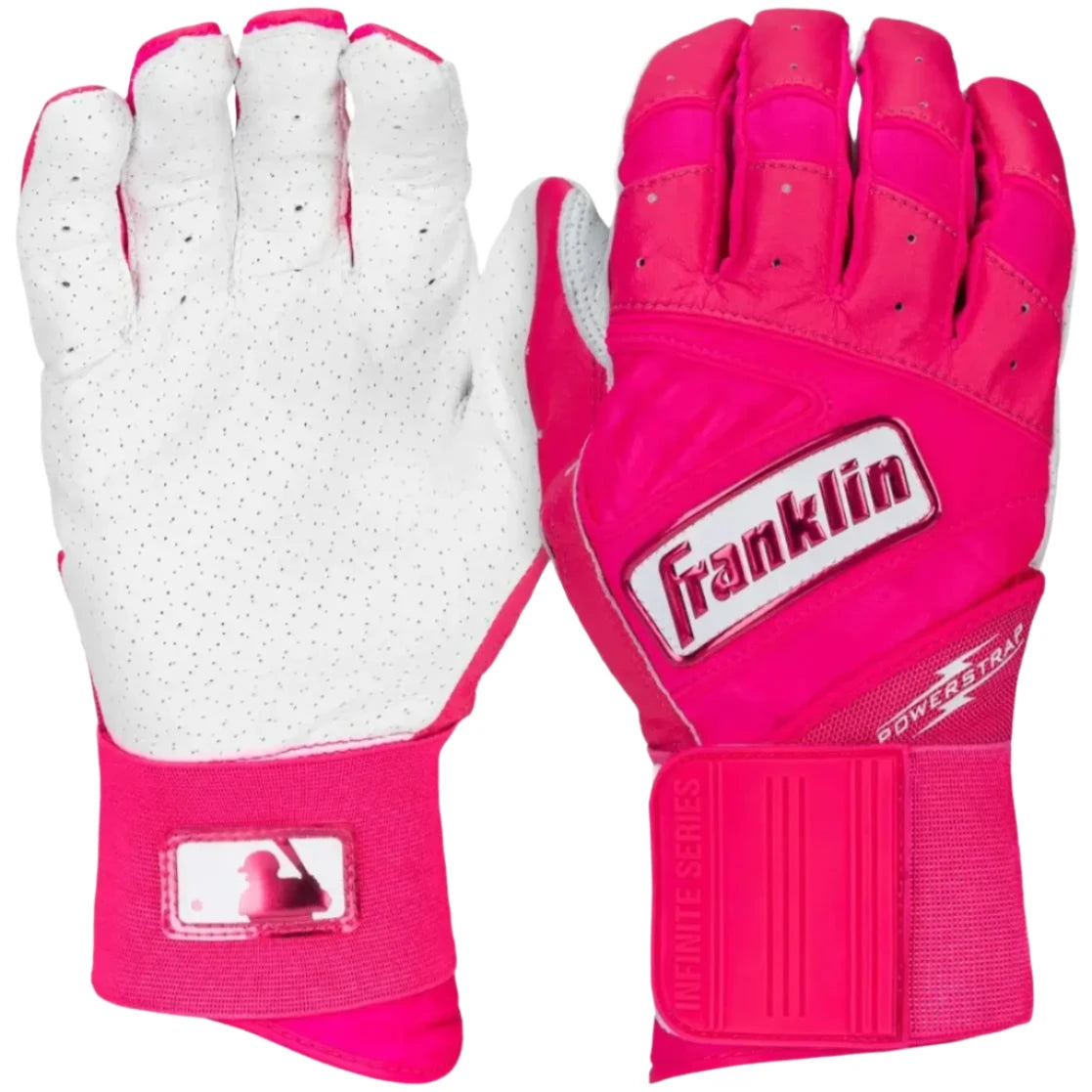Franklin PowerStrap Infinite Series Adult batting gloves in vibrant pink, featuring innovative support technology for enhanced performance.