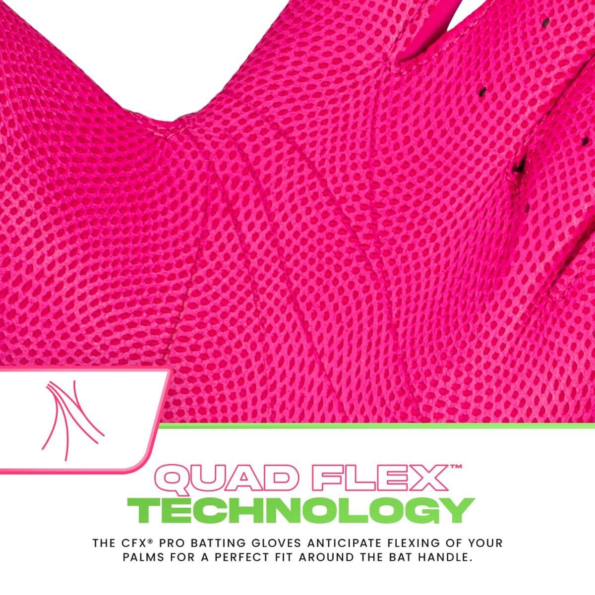 Close-up of Franklin CFX Pro Batting Gloves showcasing Quad Flex technology for optimal palm flexibility in bright pink.