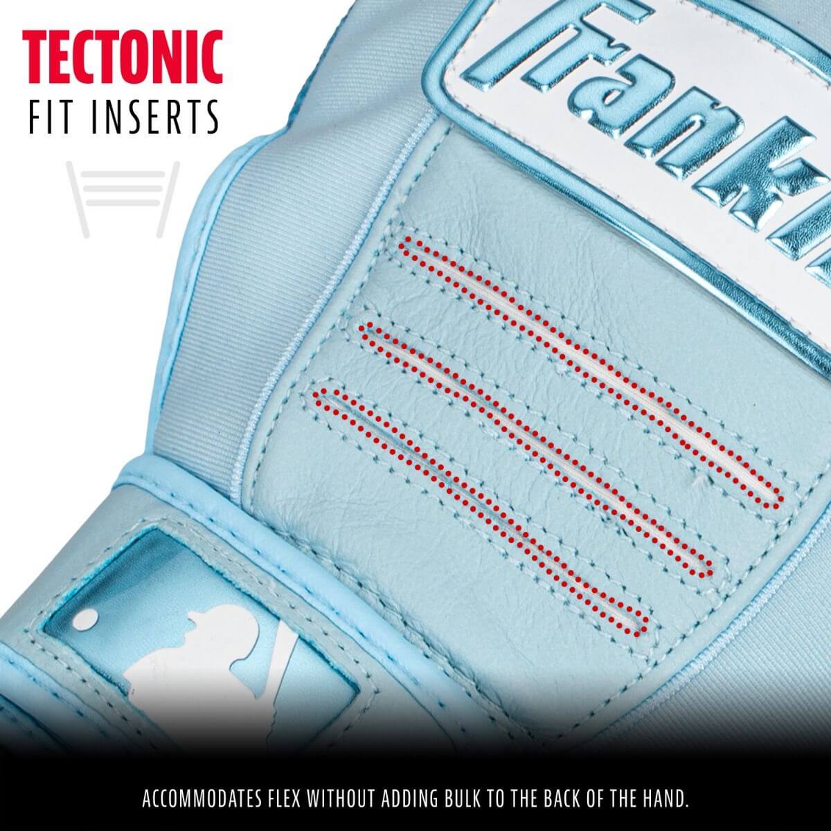 Close-up of Franklin MLB CFX Hi-Lite Batting Gloves showing Tectonic fit inserts for enhanced flexibility and comfort.