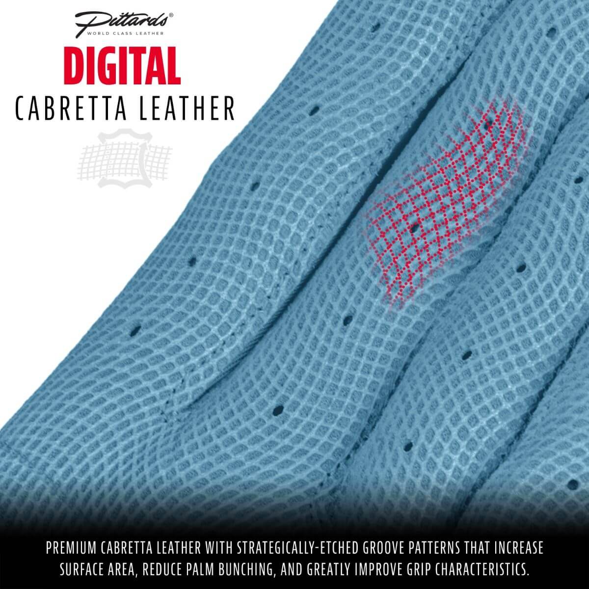 Close-up of digital Cabretta leather with etched groove patterns enhancing grip and comfort in batting gloves.