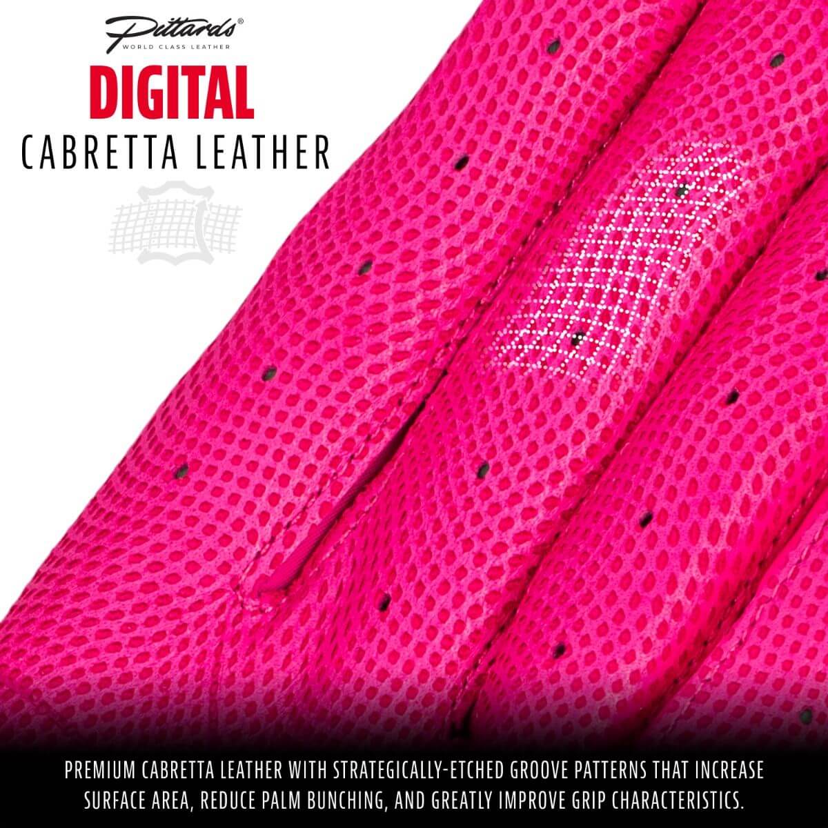 Close-up of pink digital cabretta leather showcasing its textured grip for enhanced performance in batting gloves.