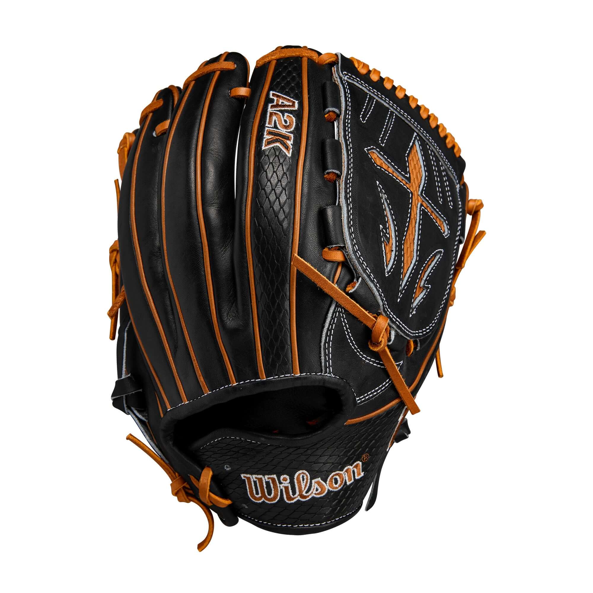 Wilson 2024 A2K B23 12" pitcher's baseball glove in black and saddle with tan accents, designed for optimal fit and performance.