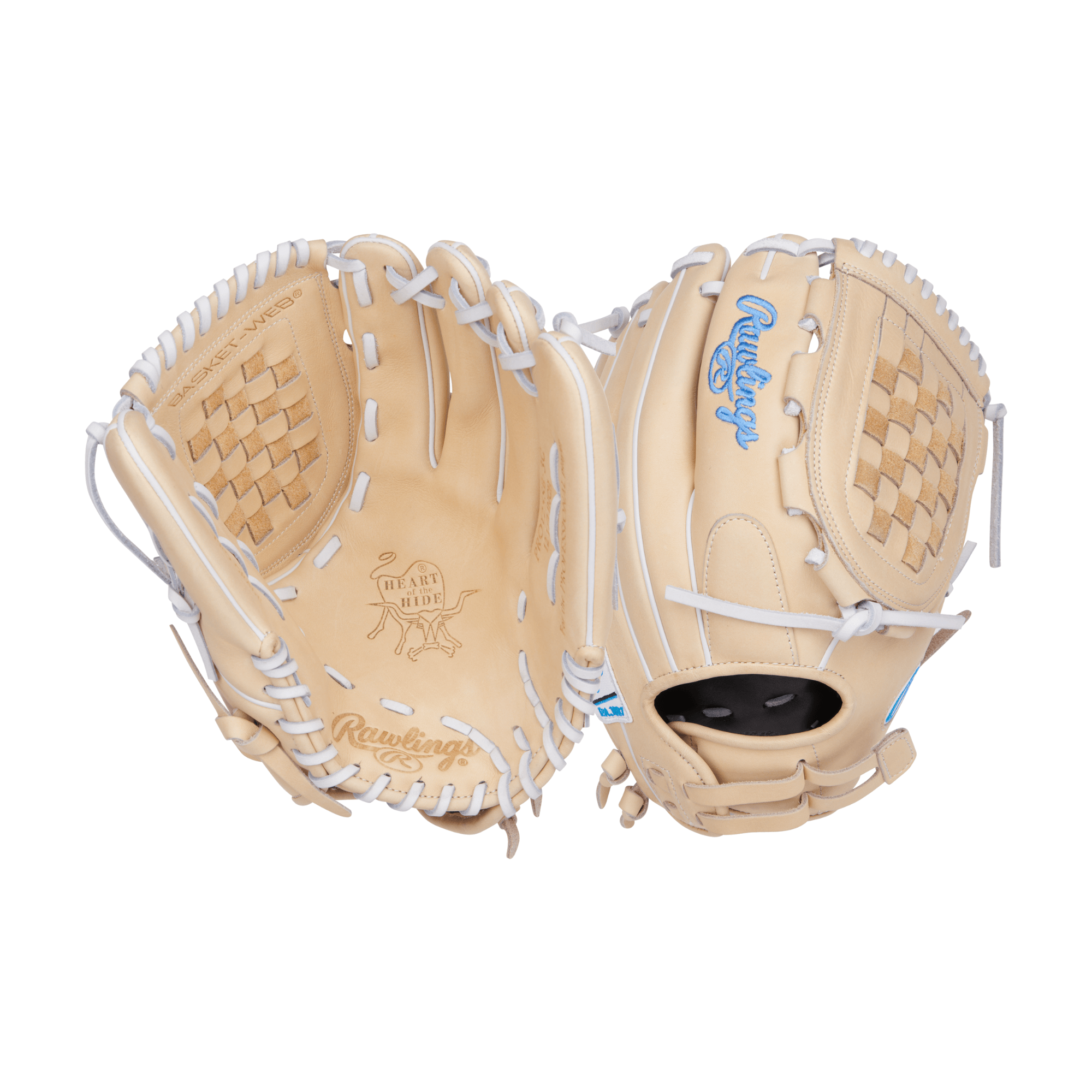 Rawlings Heart of the Hide 12.5-inch softball glove showing front and back view, crafted from premium leather.