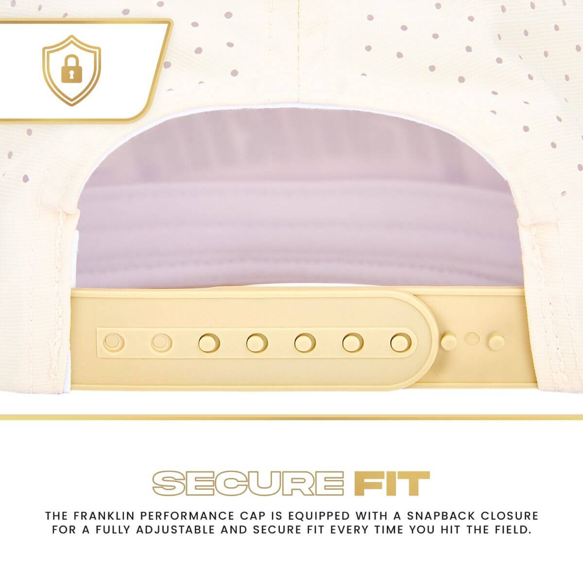 Close-up of Franklin Vanilla Gold Snapback Baseball Hat showing adjustable snapback closure for secure fit.