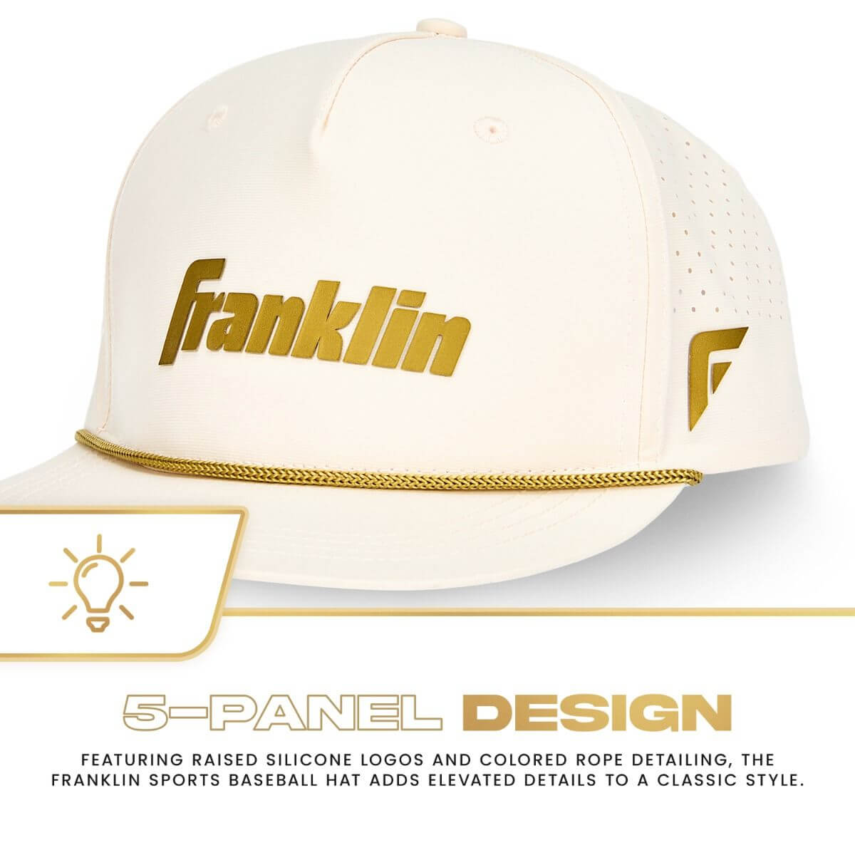 Franklin Vanilla Gold Snapback Baseball Hat with raised silicone logos and colored rope detailing, showcasing a 5-panel design.