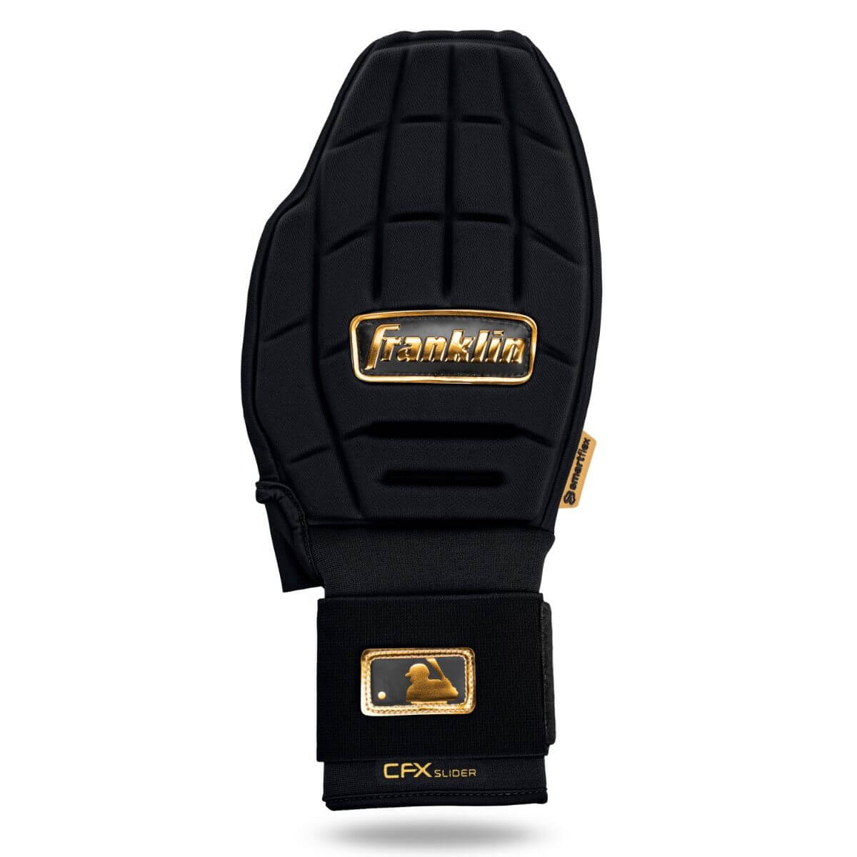 Franklin CFX Slider PRT Protective Reversible Sliding Glove top view, black with gold logo and reinforced wrist strap.