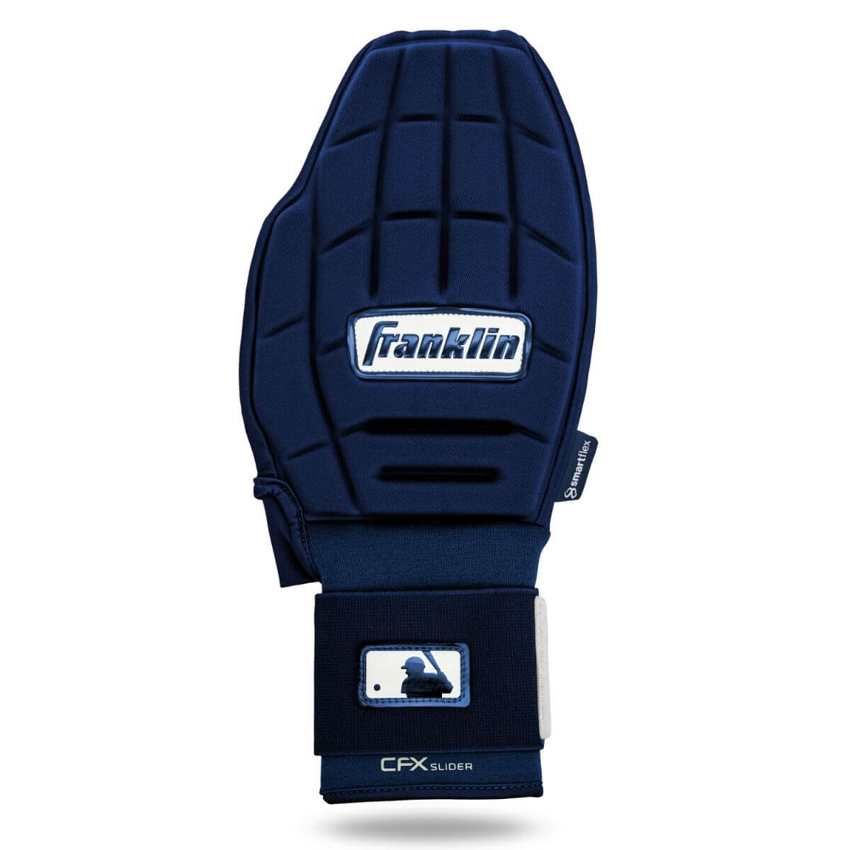 Franklin CFX Slider PRT Protective Reversible Sliding Glove, top view, navy color with Franklin logo and wrist strap details.