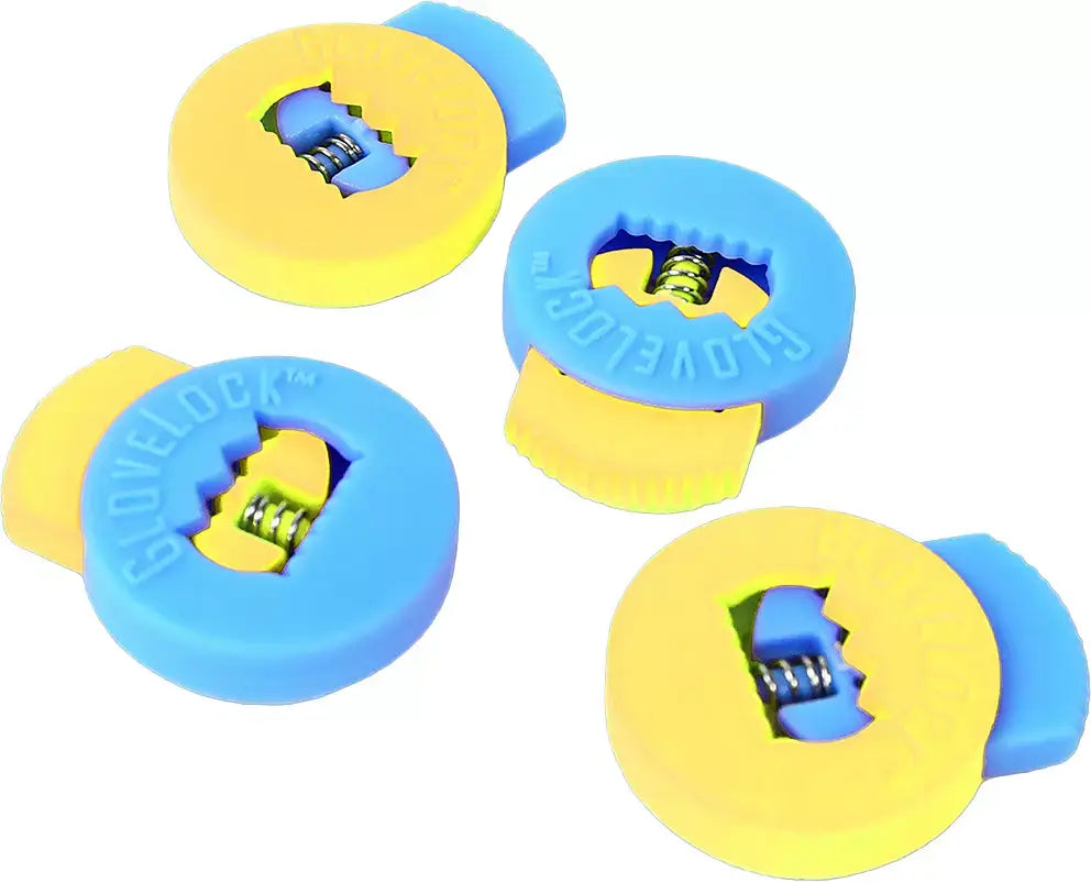 All-Star Glovelocks 4 Pack Lace Clips Limited Edition in blue and yellow, top view, showcasing spring mechanism.
