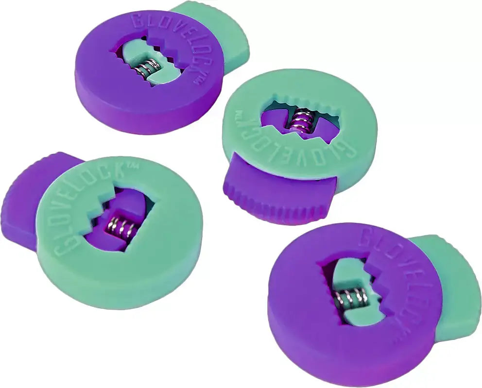 All-Star Glovelocks 4 Pack Lace Clips Limited Edition in purple and teal, showcasing spring mechanism with brand engraving.