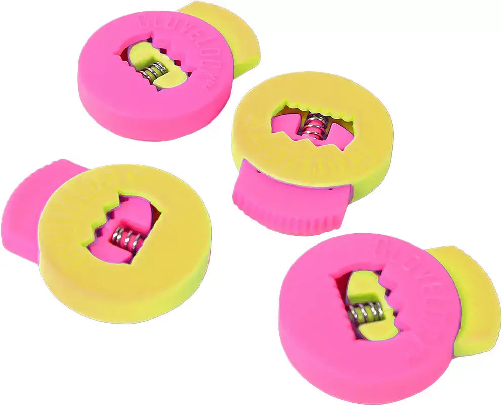 Top view of All-Star Glovelocks 4 Pack Lace Clips Limited Edition in pink and yellow.