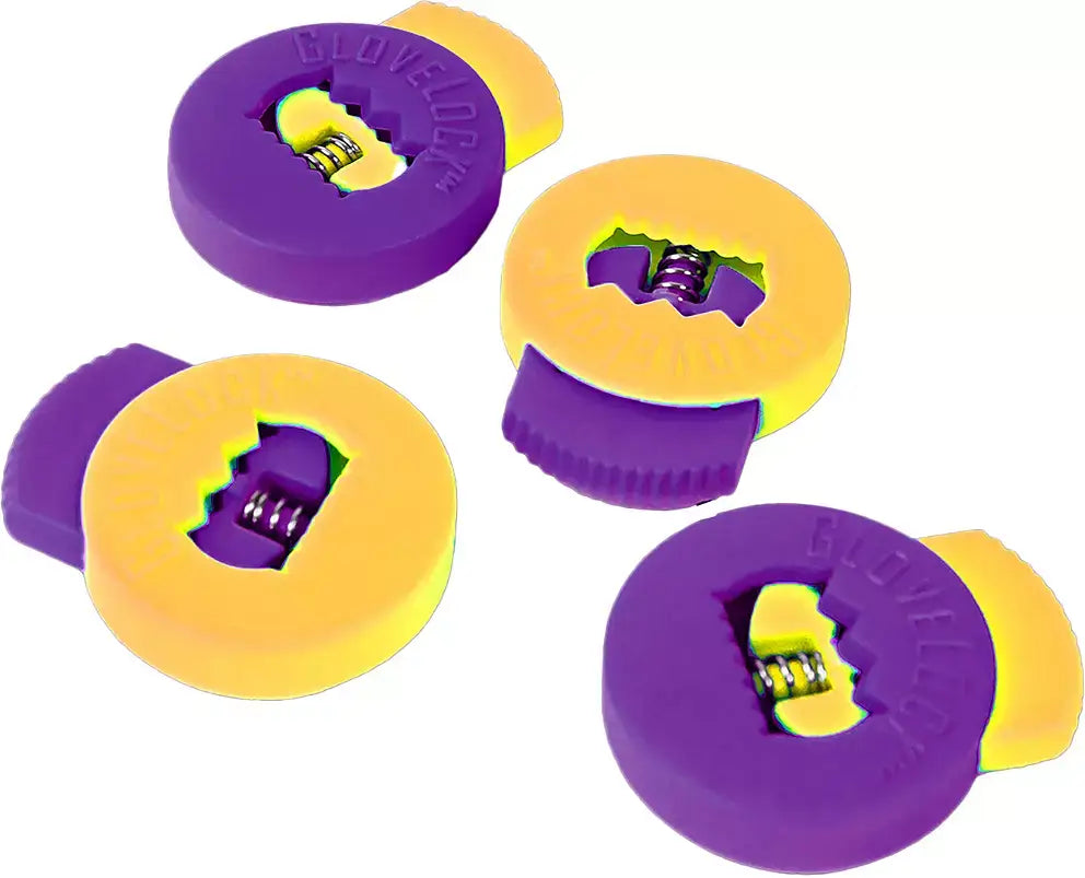 All-Star Glovelocks 4 Pack Lace Clips Limited Edition in purple and yellow, spring mechanism visible.