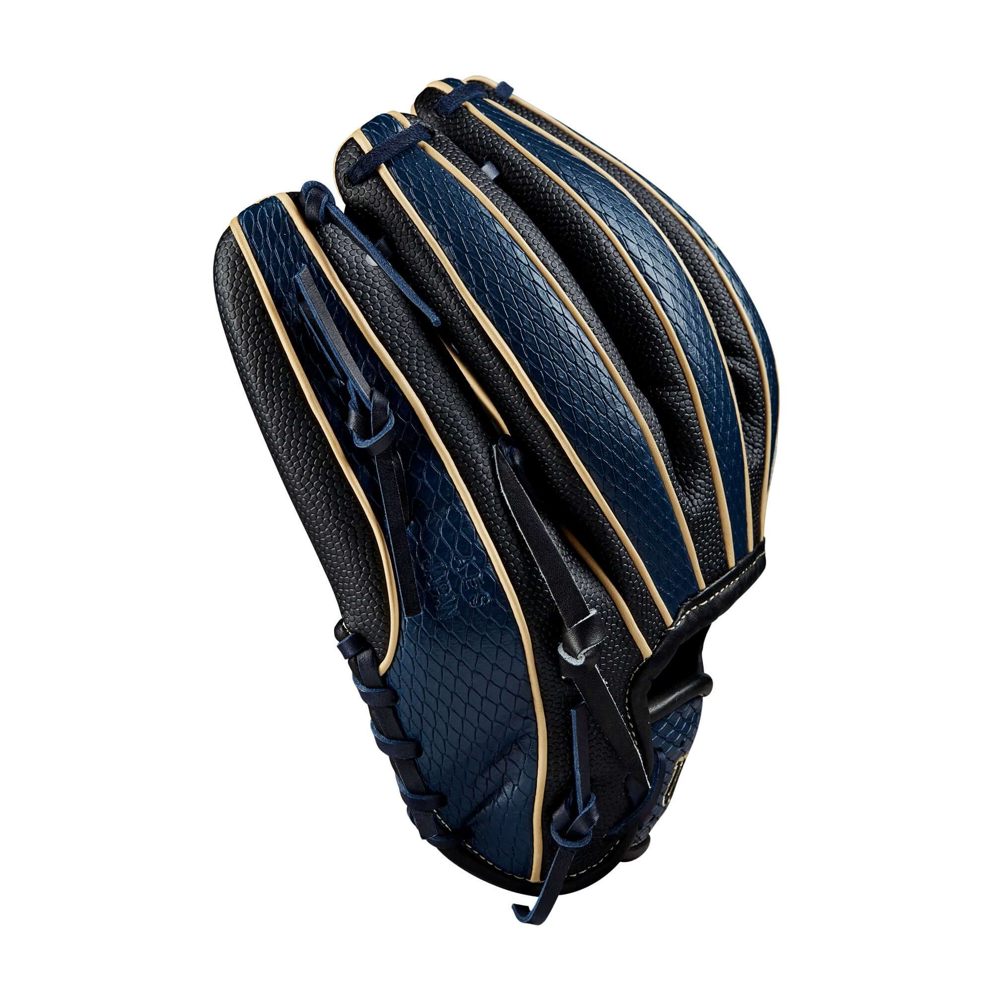 Wilson A2K Glove of the Month June 2023 Navy/Black 11.75" infield glove showcasing SuperSnakeSkin™ and gold binding.