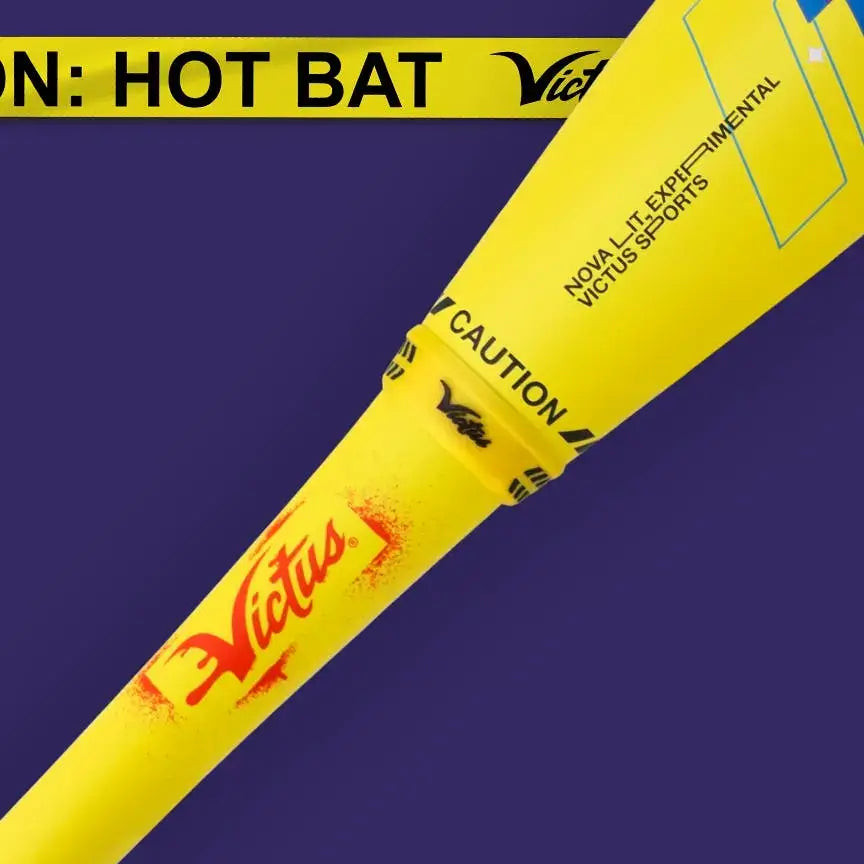 Victus Nova LIT (-8) USSSA Baseball Bat featuring bright yellow design and caution label, designed for powerful performance.