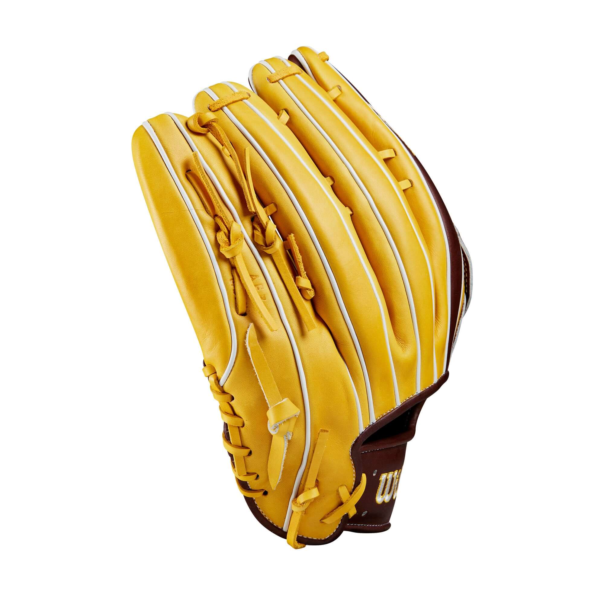 Wilson 2024 A2K Juan Soto 12.75" outfield glove in yellow and brown, designed for durability and maximum reach.