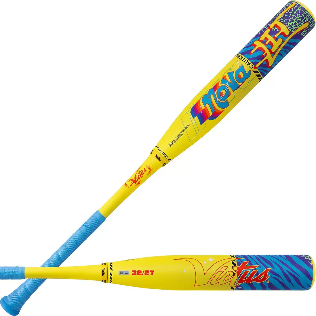 Victus Nova LIT (-5) USSSA Baseball Bat showcasing bright yellow and blue design with distinct branding and specifications.