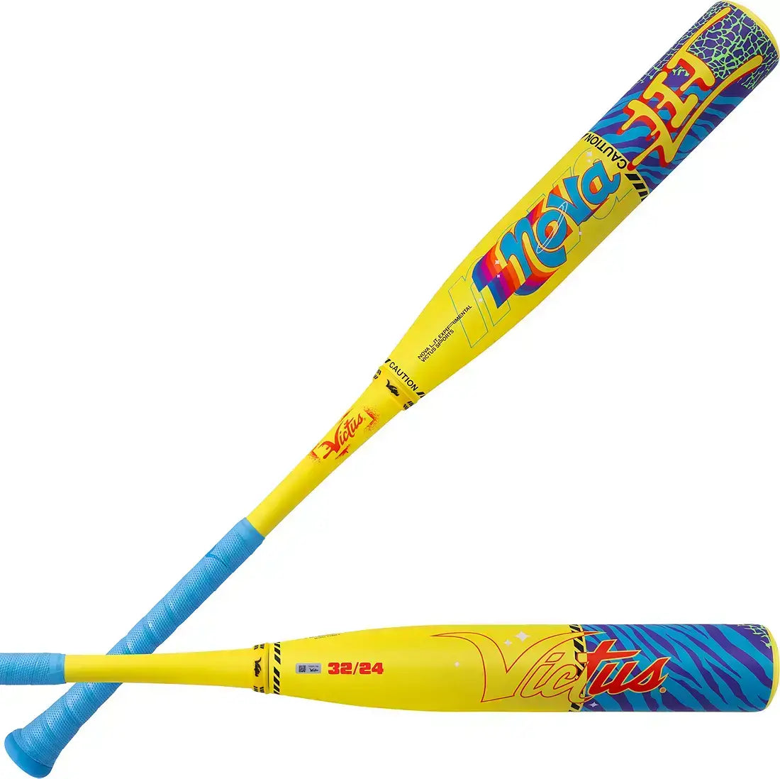 Barrel view of Victus Nova LIT (-8) USSSA Baseball Bat displaying colorful graphics and logos.