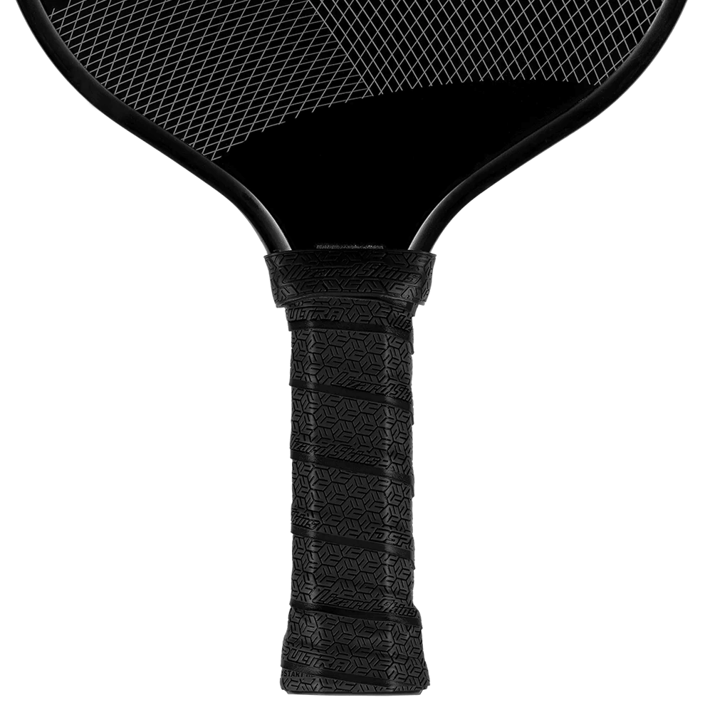 Lizard Skin DSP Ultra Pickleball Grip in Jet Black on paddle handle, showcasing texture and durability for enhanced performance.