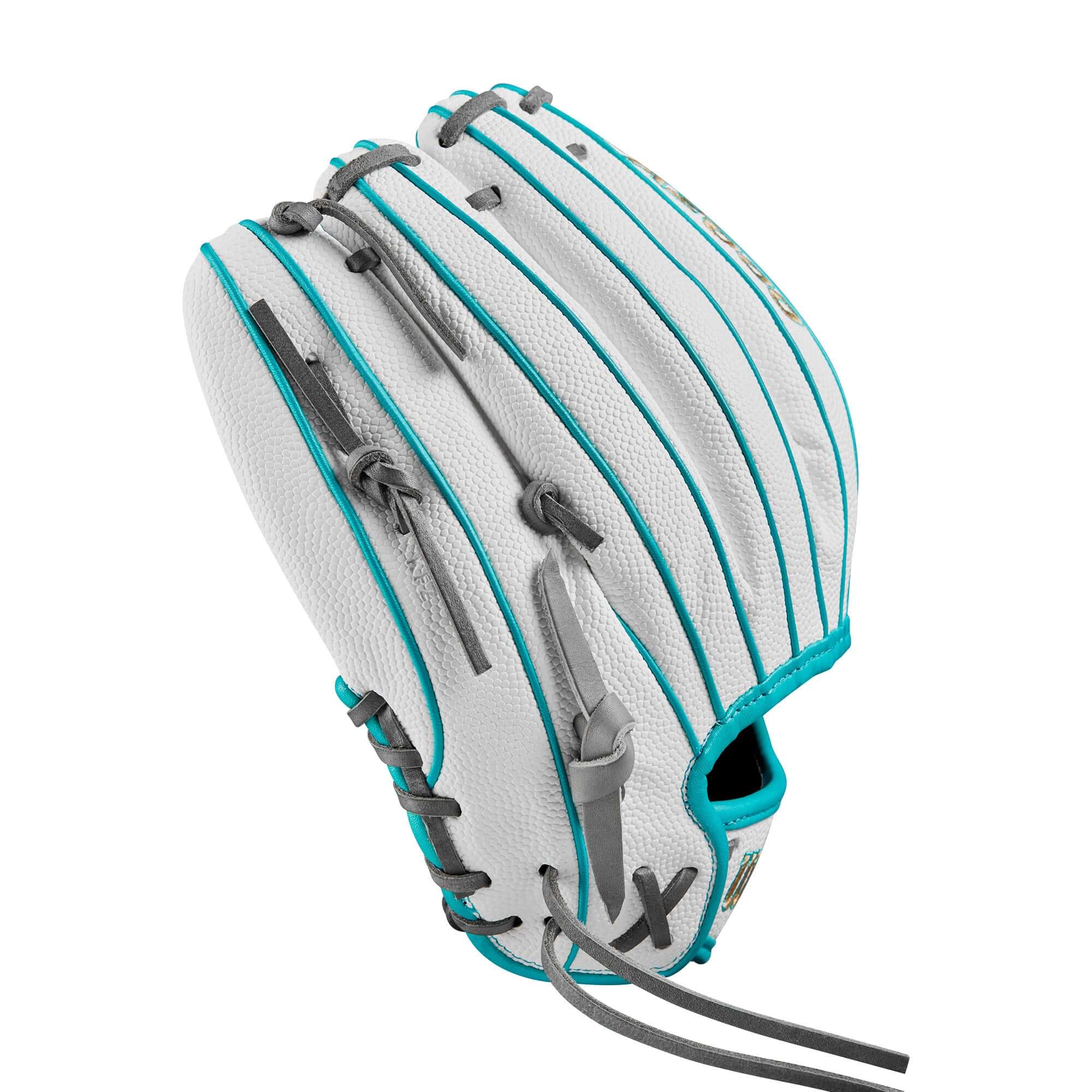 Wilson A2000FP H75 fastpitch glove in white and teal with a sleek design for quick fielding and throws.