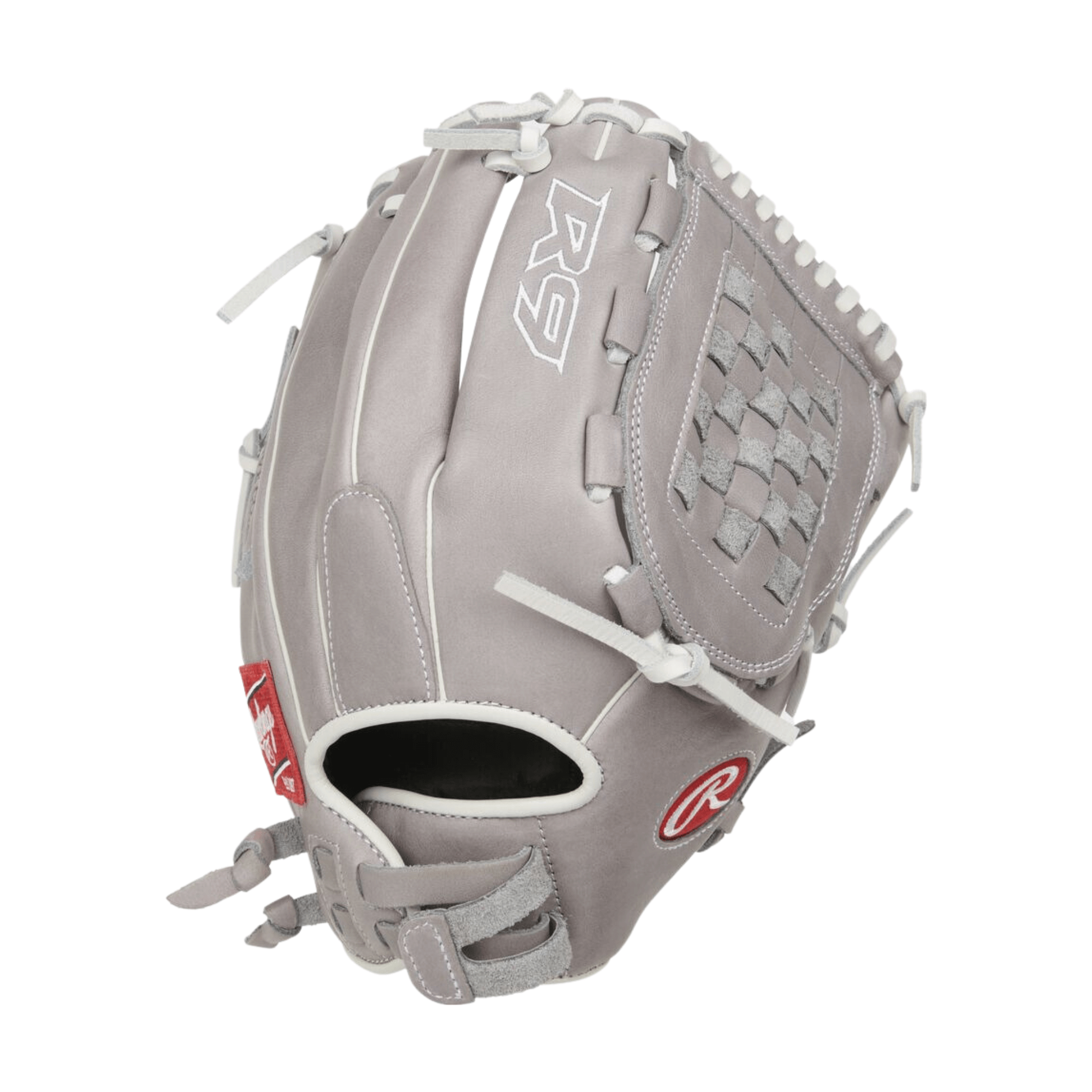 Rawlings R9 Softball Series glove in gray, 12.5" RHT, featuring durable leather and pro style patterns for select youth players.