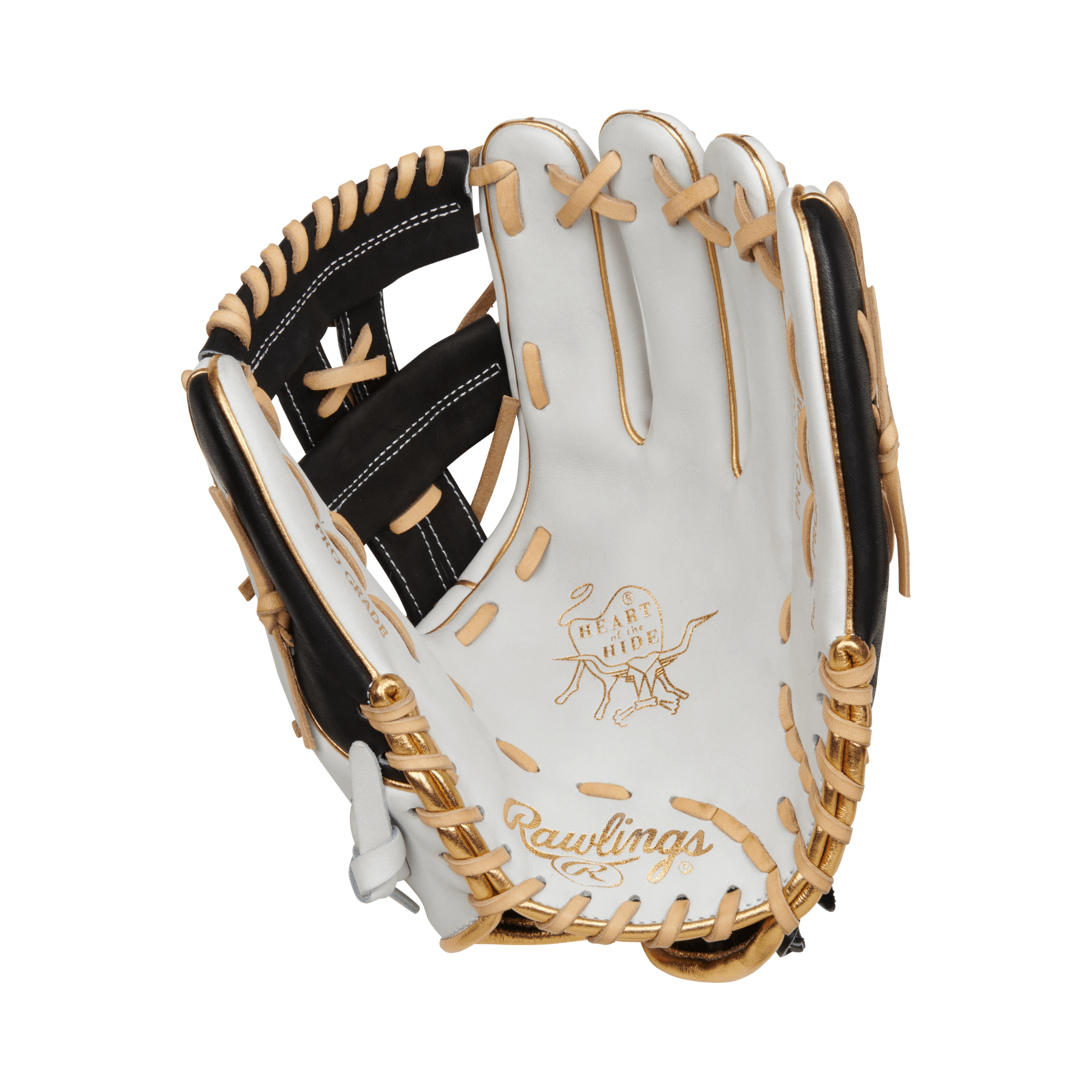 Rawlings Heart of the Hide 12-inch softball glove in white and black with metallic gold accents, designed for infielder performance.