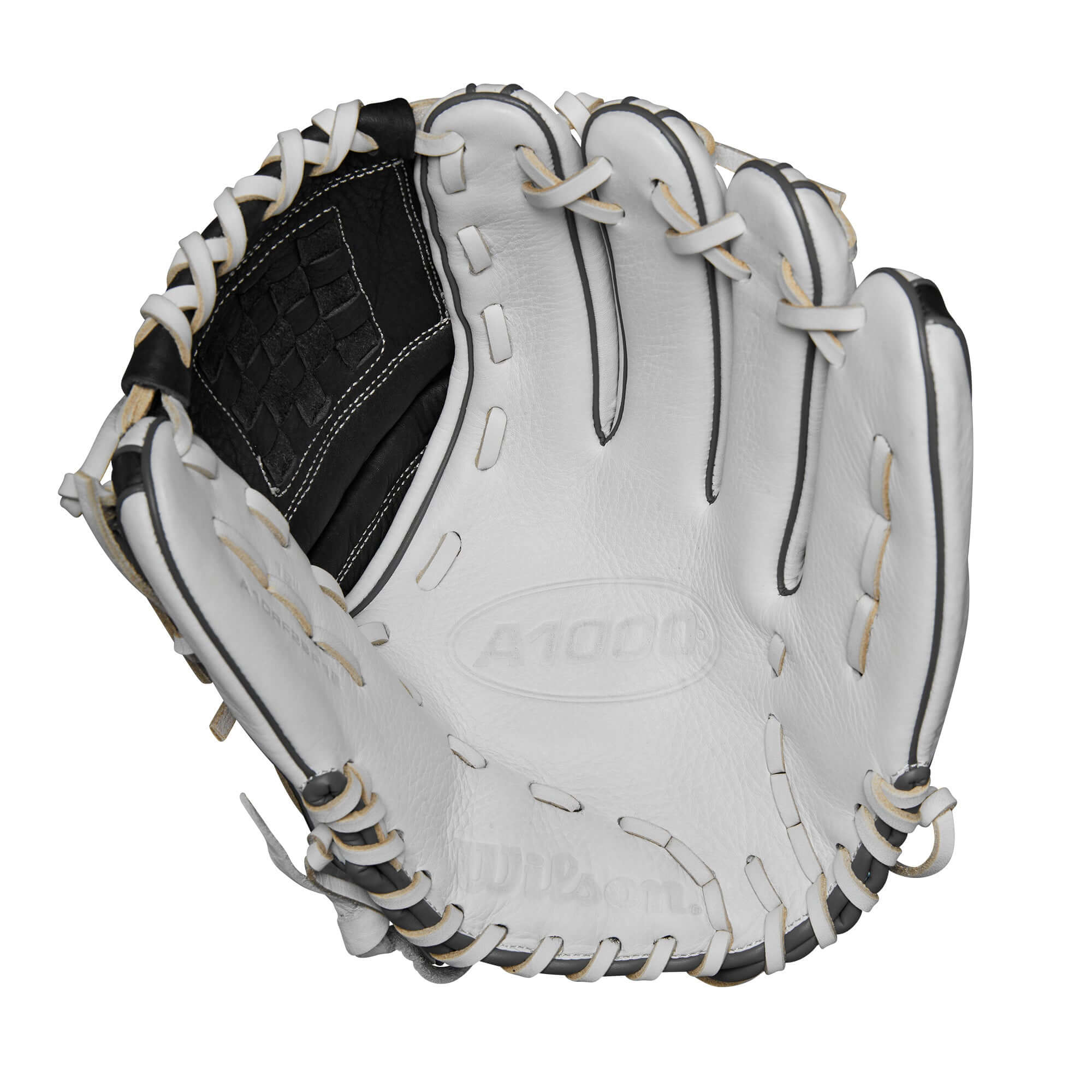 Wilson 2024 A1000 P12 pitcher's fastpitch softball glove in white and grey, featuring a closed weave web design.
