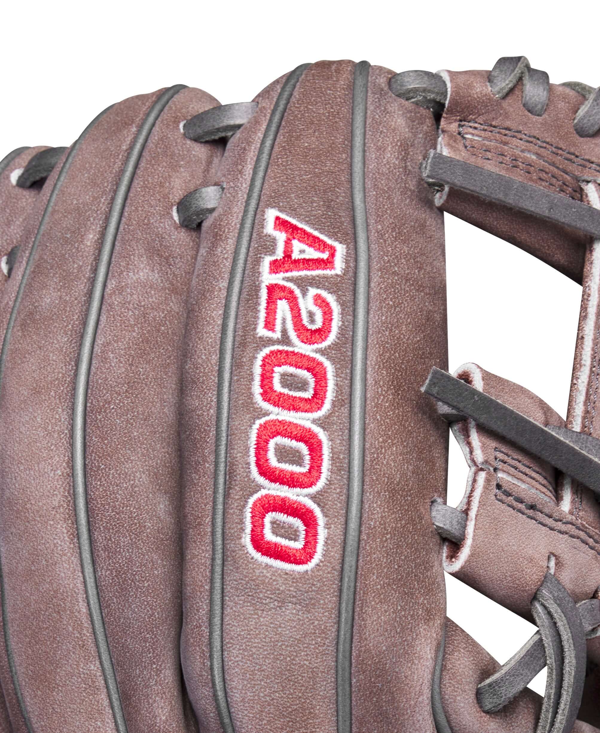 Close-up of Wilson A2000 glove, featuring buffed Coal and Red Pro Stock® leather with bold A2000 logo.