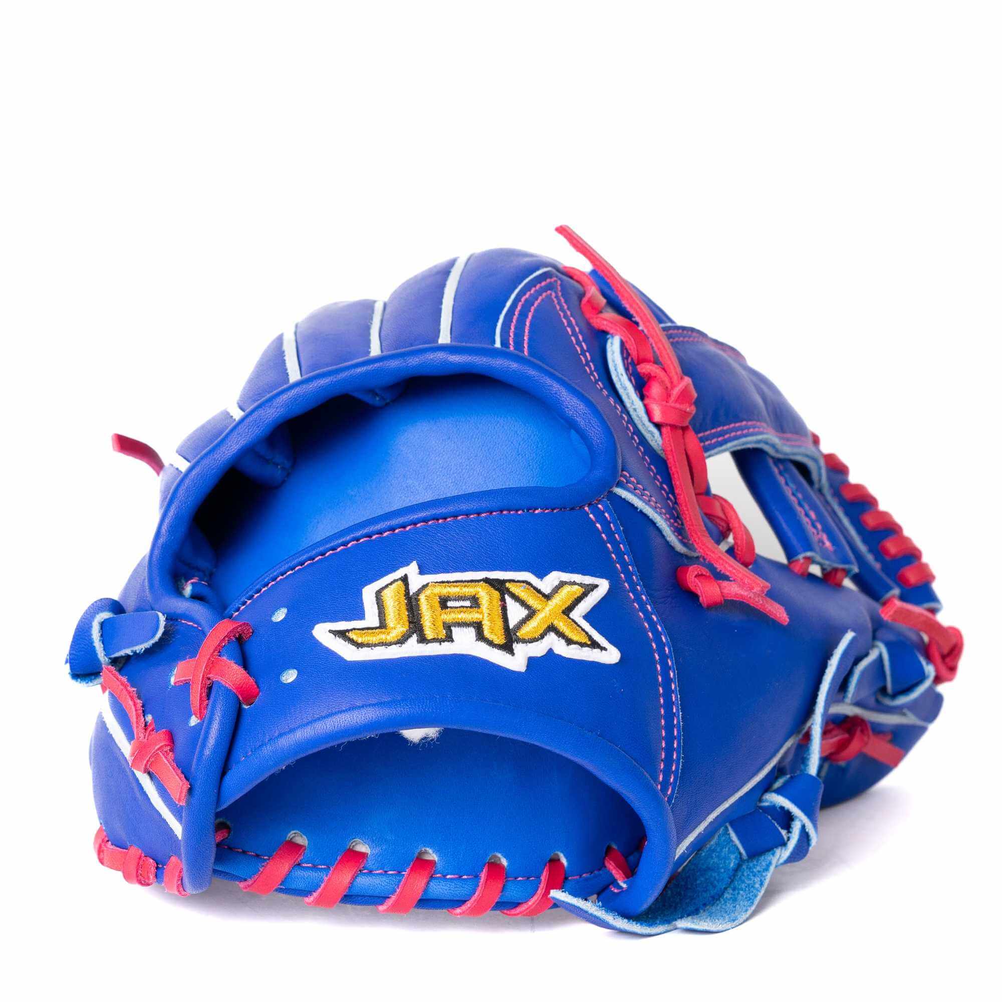 Jax Fielding Glove EN-7 Infield Blue/Pink Single Post 11.75", backhand view with red lacing and Jax logo visible.