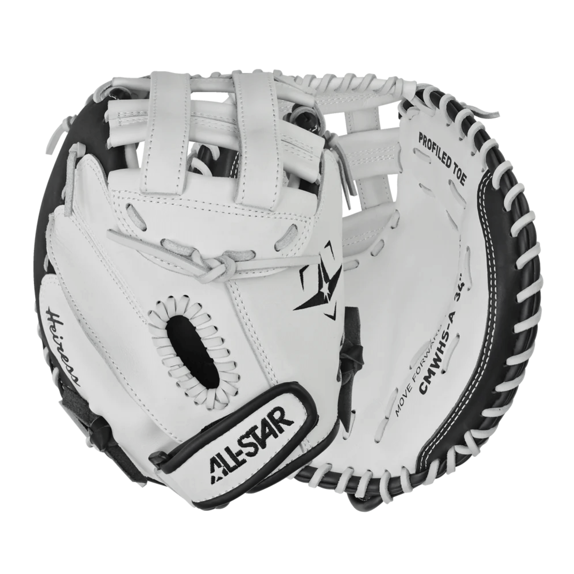 All-Star Heiress Fastpitch Catcher's Mitt 34" RHT showcasing durable leather, wide pocket, and adjustable wrist closure.