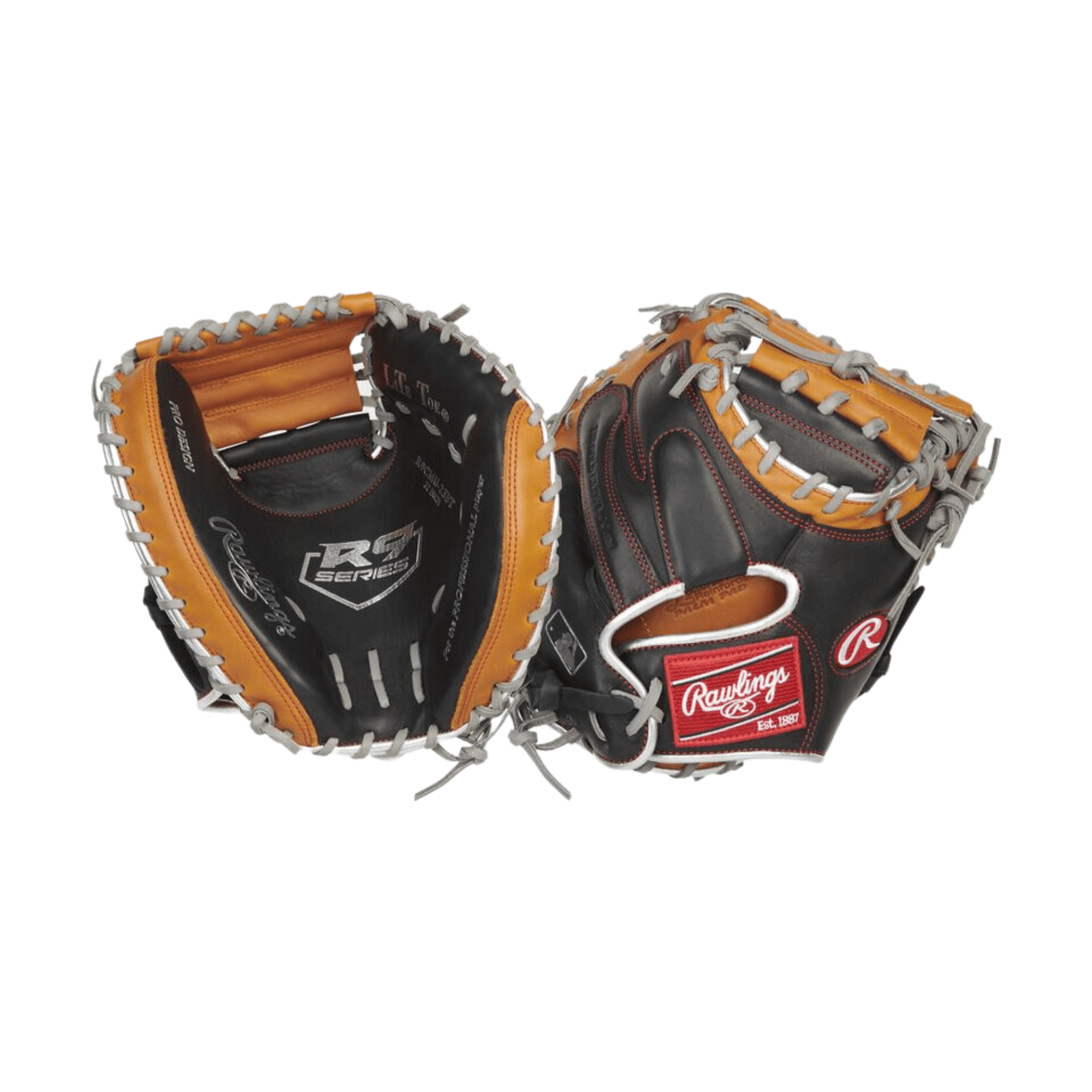 Rawlings R9 Contour Baseball Catcher's Mitt with black leather and orange accents, designed for younger players' hands.