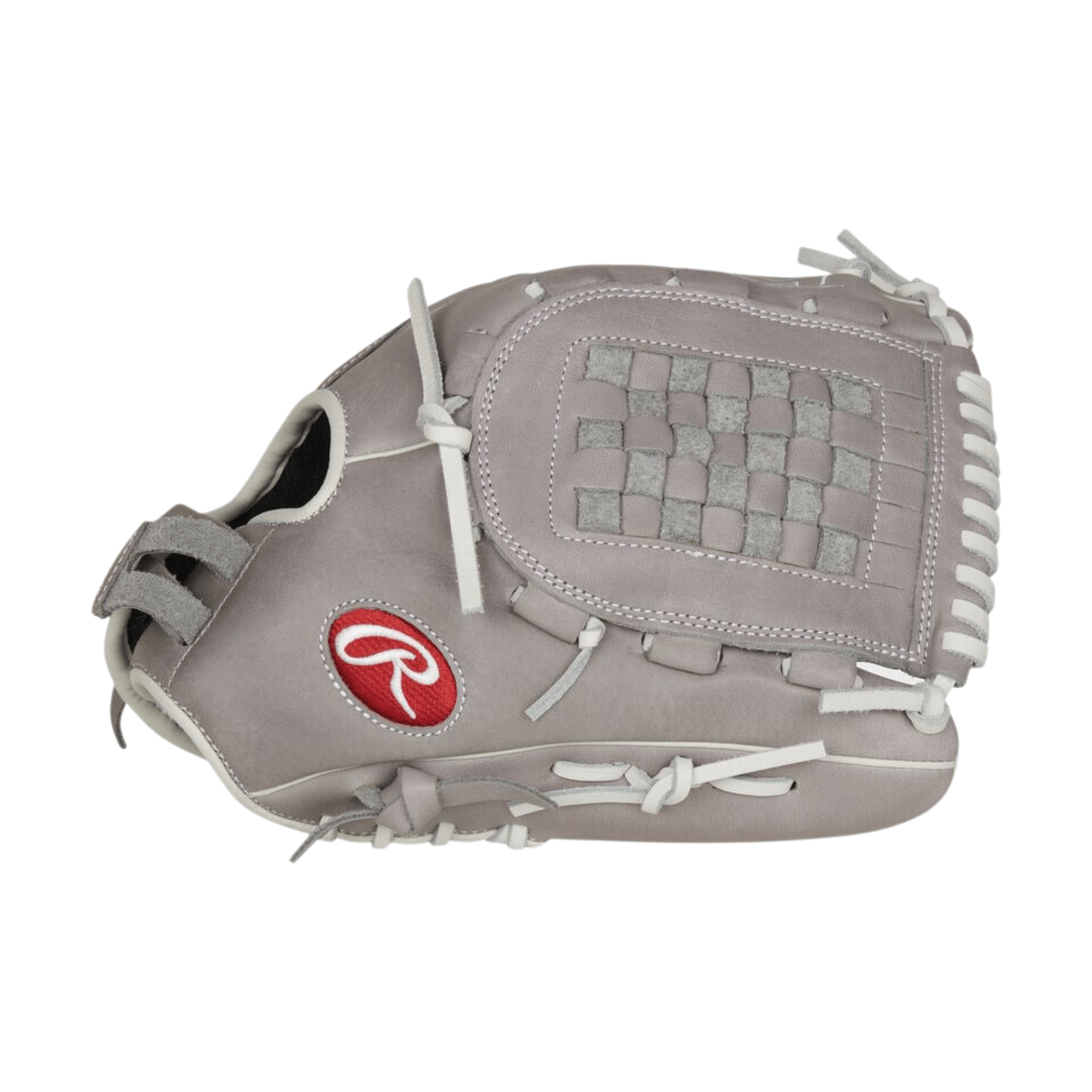 Rawlings R9 12.5" softball glove in grey, featuring durable leather, woven palm, and reinforced design for impact reduction.