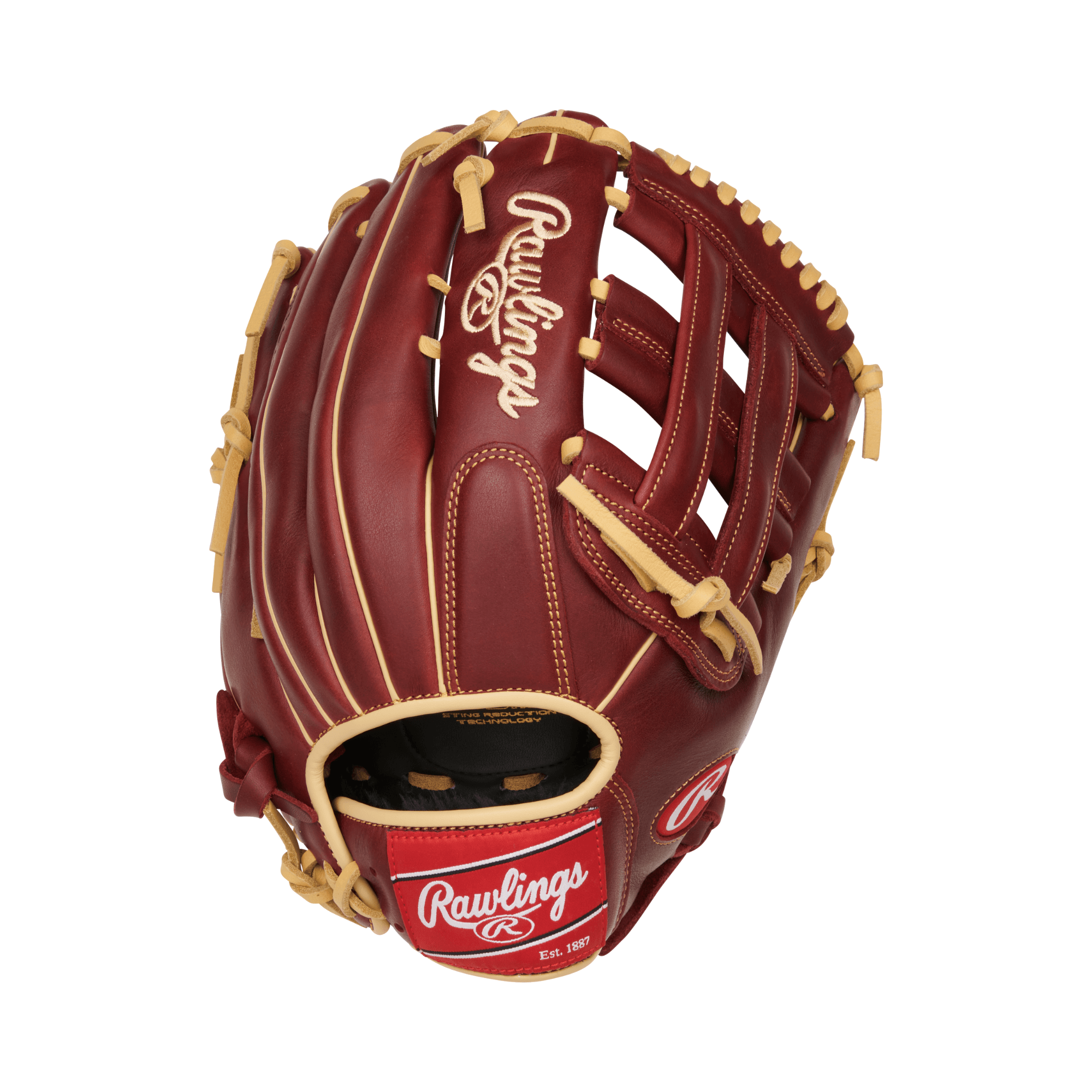 Rawlings Sandlot Series 12.75" Outfield Glove in vintage red leather with Zero Shock padding for enhanced protection.