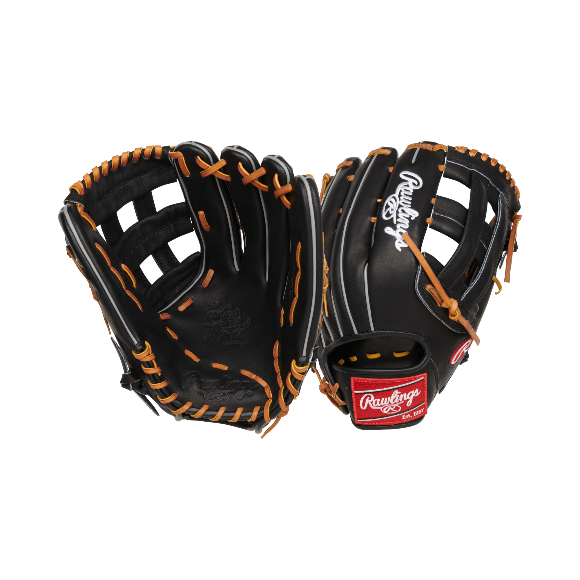 Rawlings Heart Of The Hide 12.75" Traditional Baseball Glove with black leather and orange stitching.