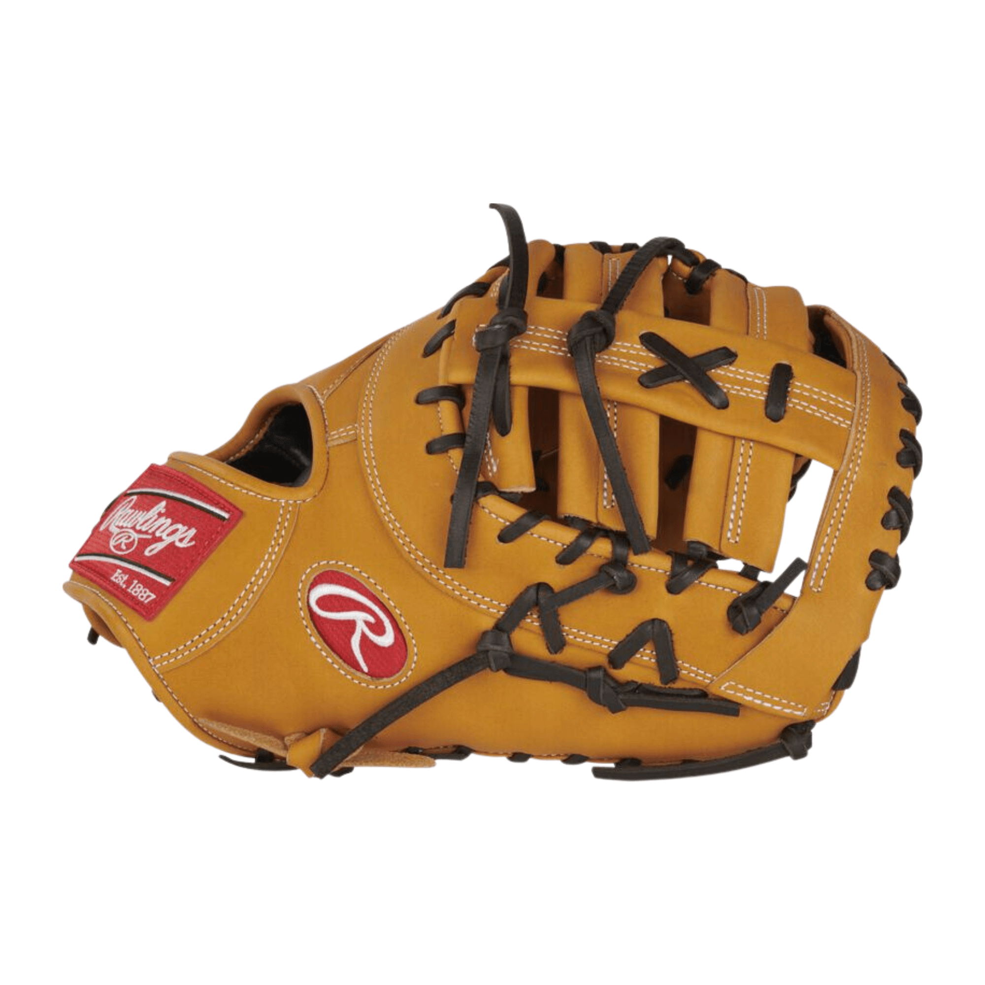 Rawlings Heart of the Hide 13-inch first base mitt baseball glove in camel leather with scarlet patch and reinforced web.